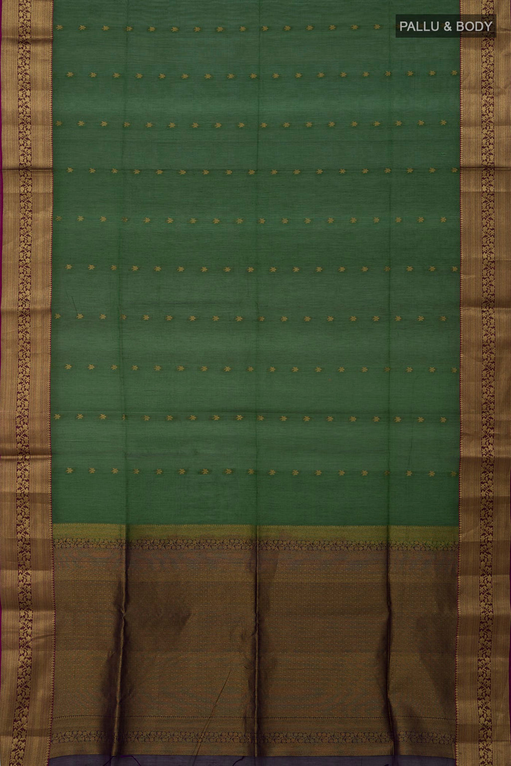 Flat view of Green Silk Cotton Saree with Zari Butta on the body and Zari Border. 