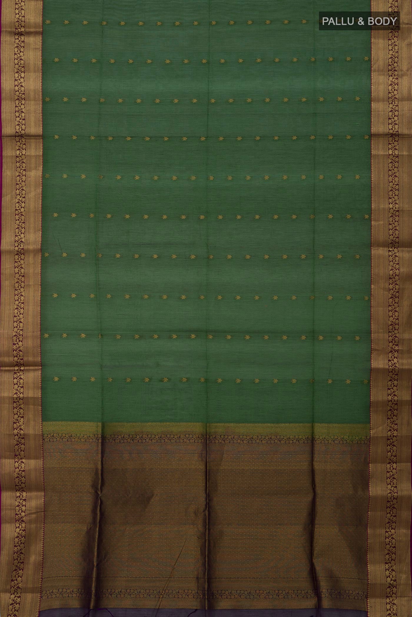Flat view of Green Silk Cotton Saree with Zari Butta on the body and Zari Border. 