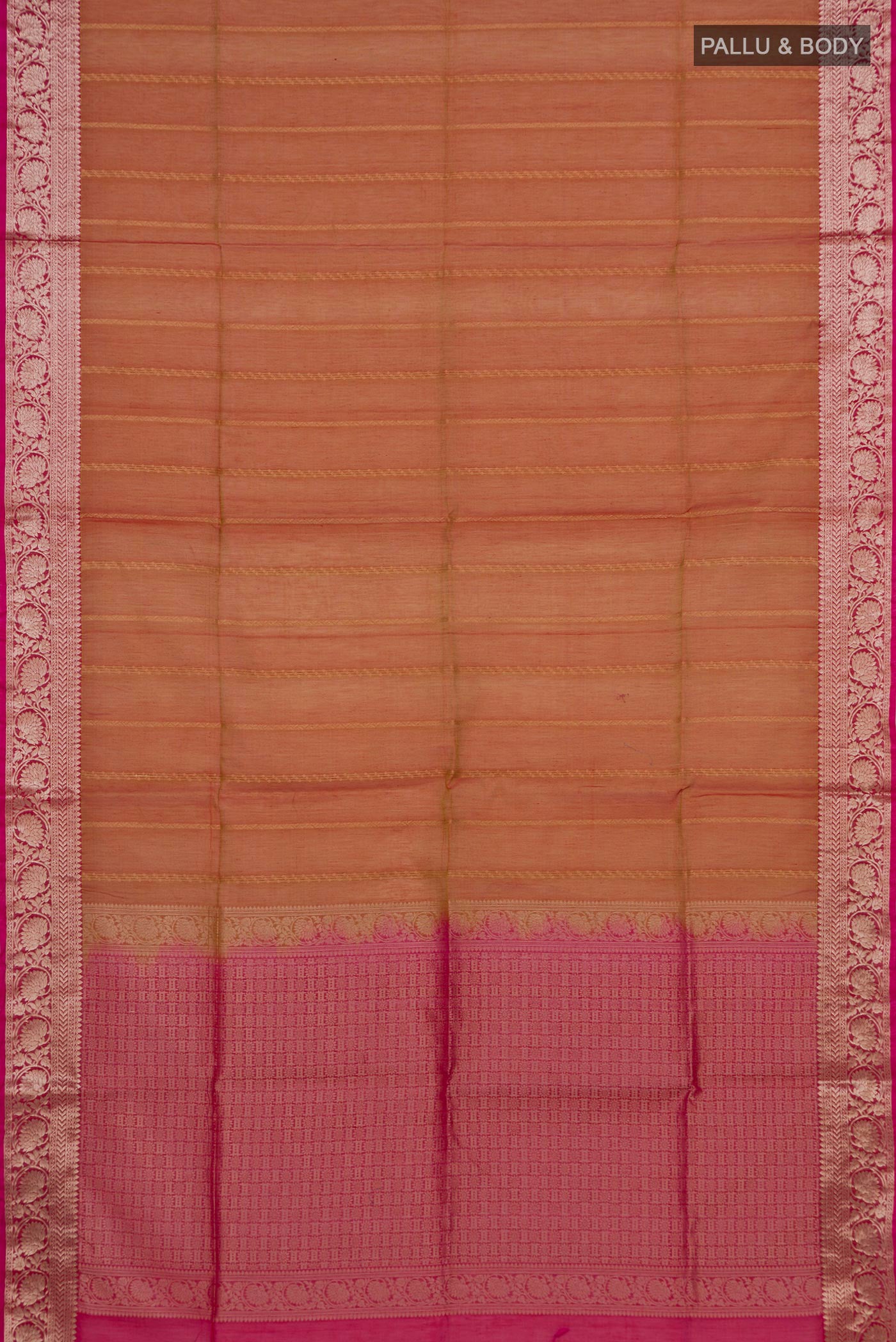 Flat view of Mustard Dual Tone Silk Cotton Saree with Stripes on the body and Zari Border. 