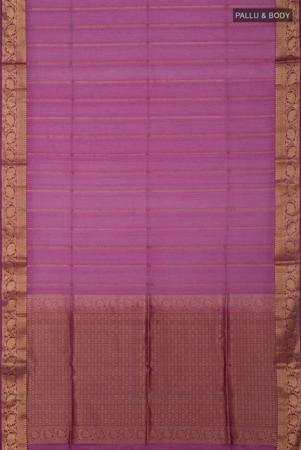 Flat view of Purple Silk Cotton Saree with Stripes on the body and Zari Border. 