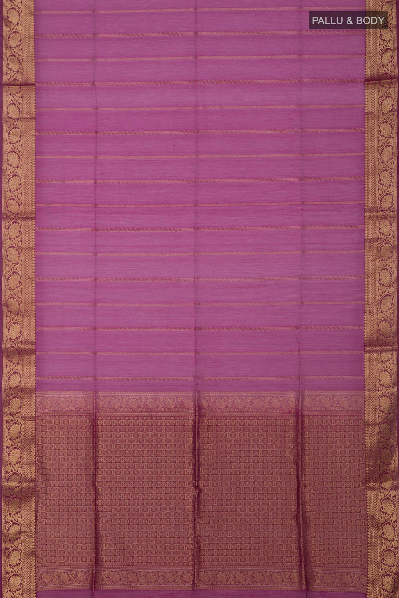 Flat view of Purple Silk Cotton Saree with Stripes on the body and Zari Border. 
