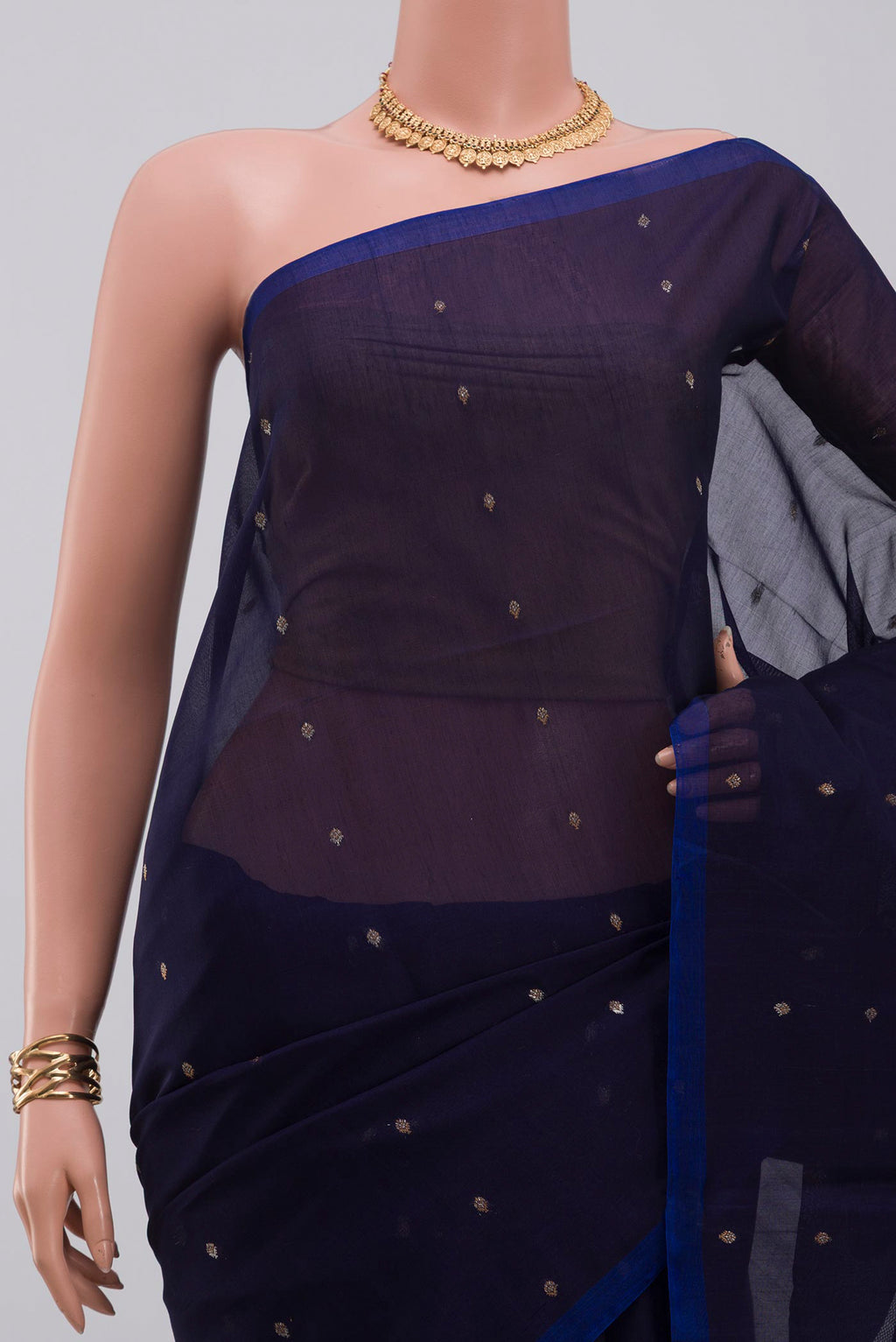 Border image of Navy Blue Silk Cotton Saree with Zari Butta on the body and Without Border. 