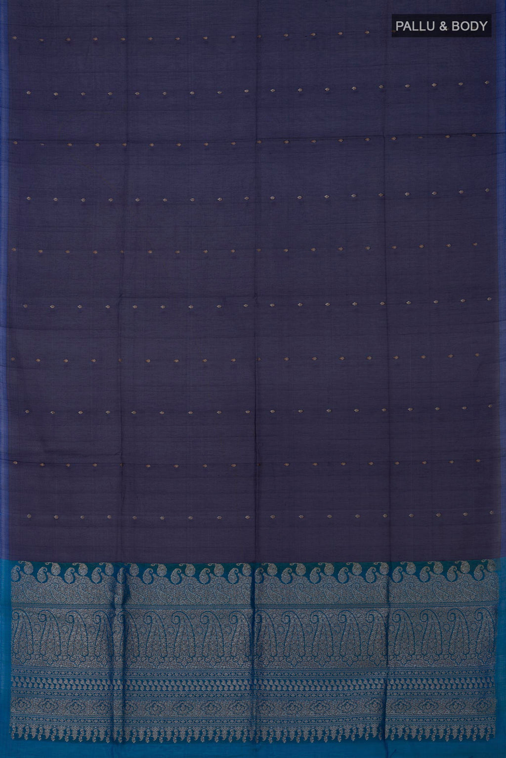 Flat view of Navy Blue Silk Cotton Saree with Zari Butta on the body and Without Border. 