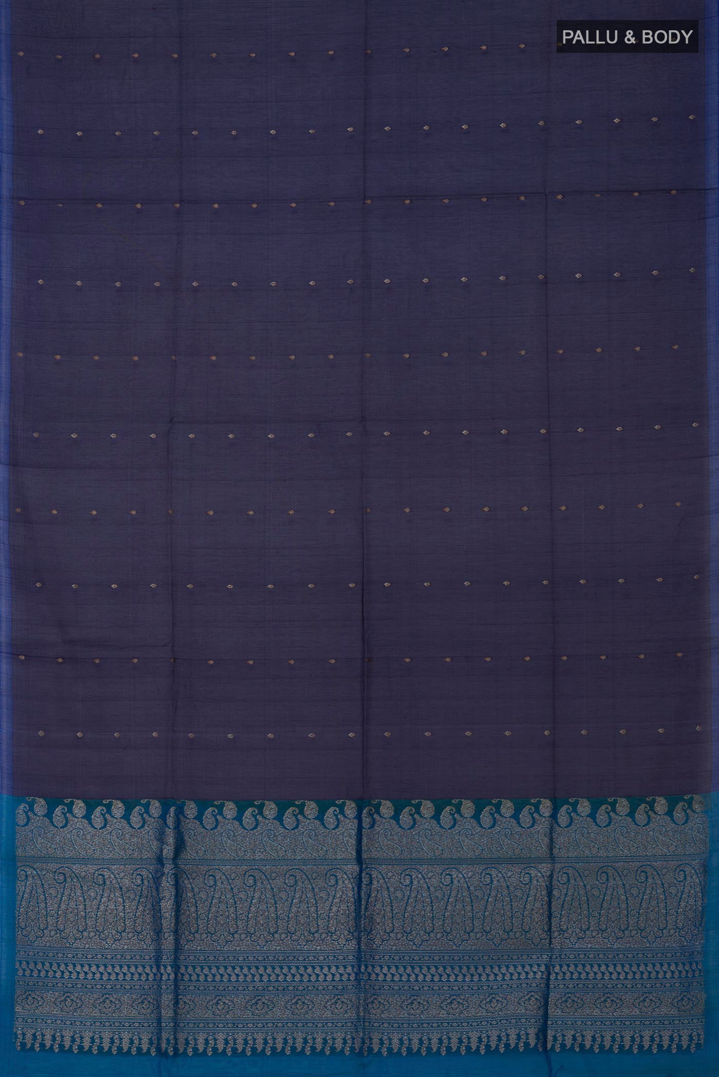 Flat view of Navy Blue Silk Cotton Saree with Zari Butta on the body and Without Border. 