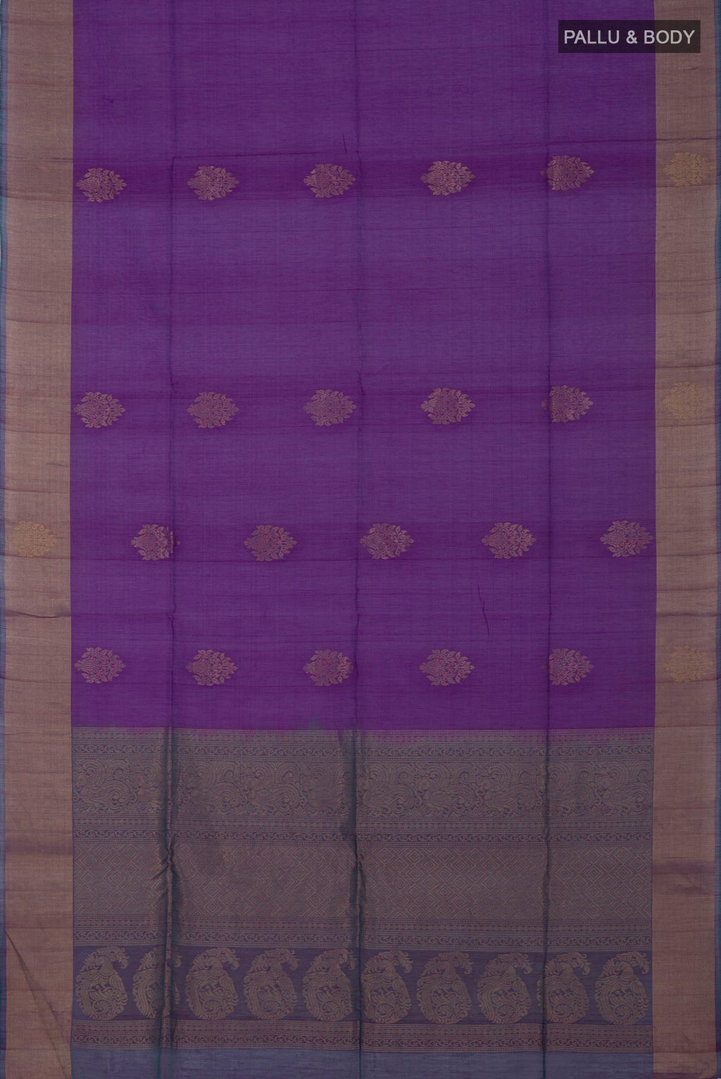 Flat view of Purple Silk Cotton Saree with Zari Butta on the body and Zari Border. 