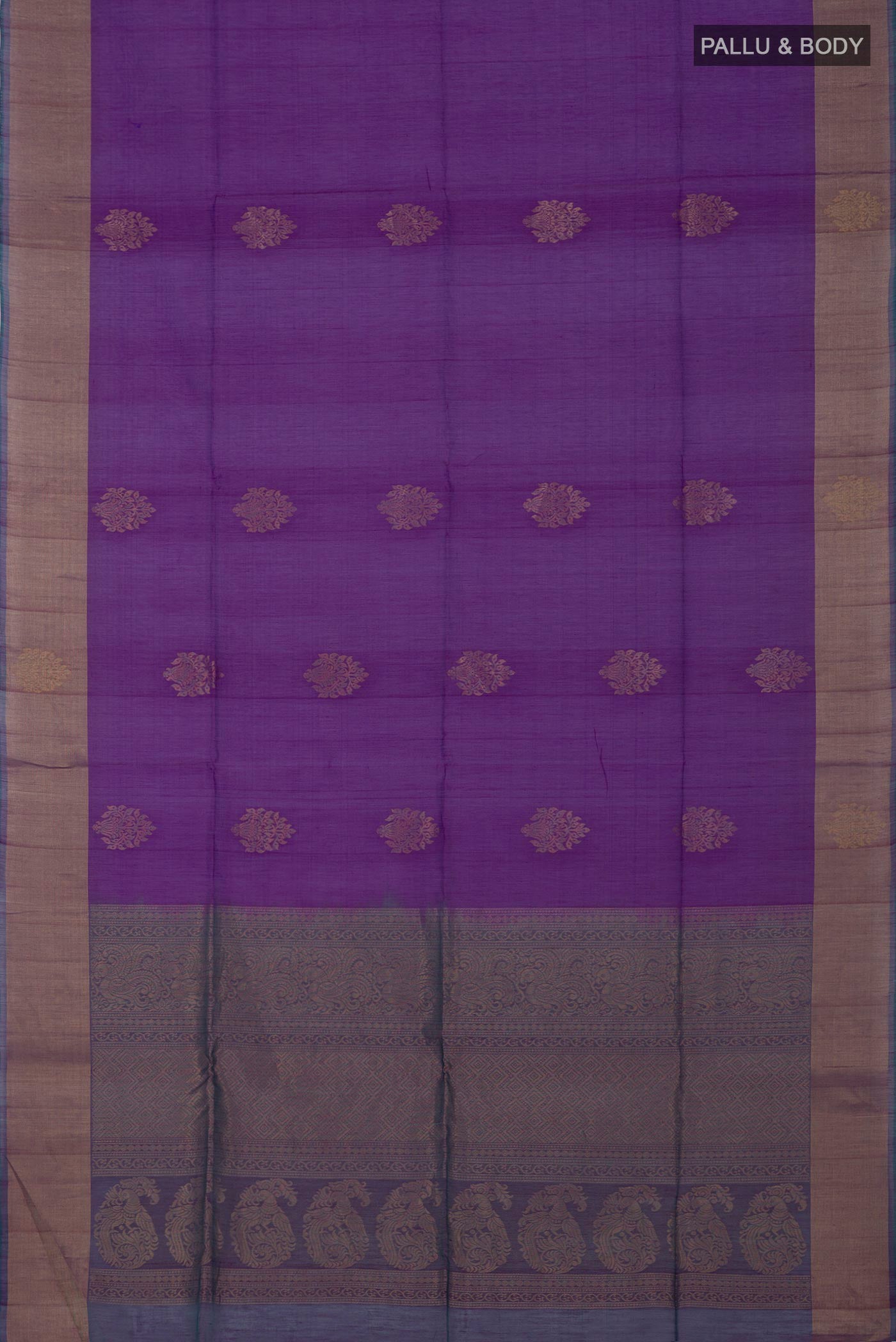 Flat view of Purple Silk Cotton Saree with Zari Butta on the body and Zari Border. 