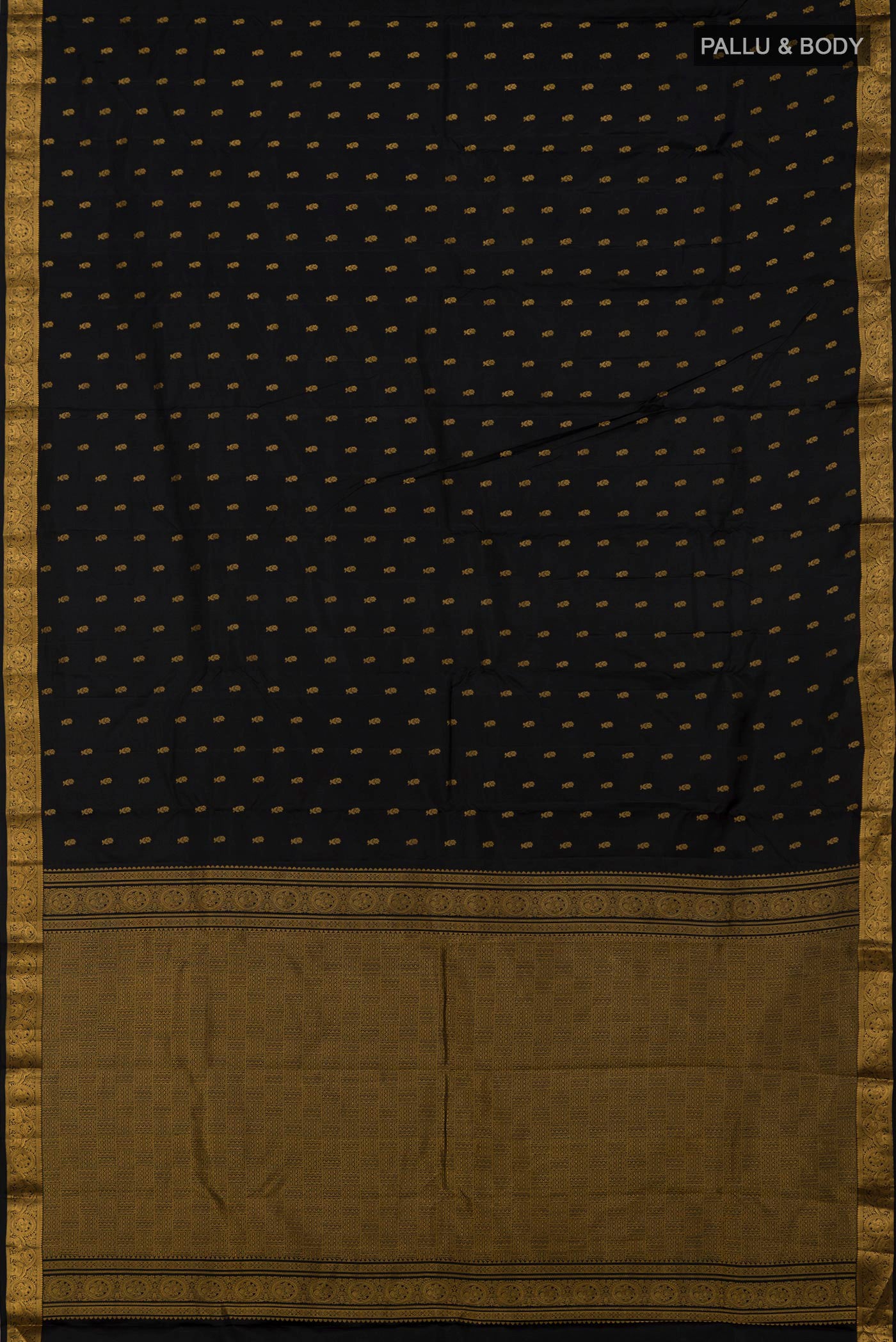 Flat view of Black Kanchipuram Saree with Zari Butta on the body and Zari Border. 