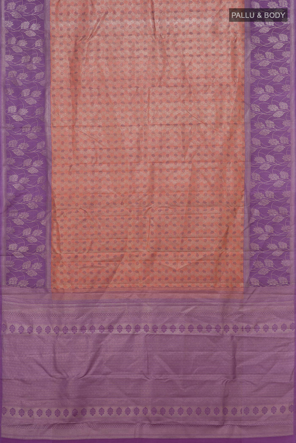 Flat view of Mauve Kanchipuram Silk Saree with Zari Brocade on the body and Fancy Border. 