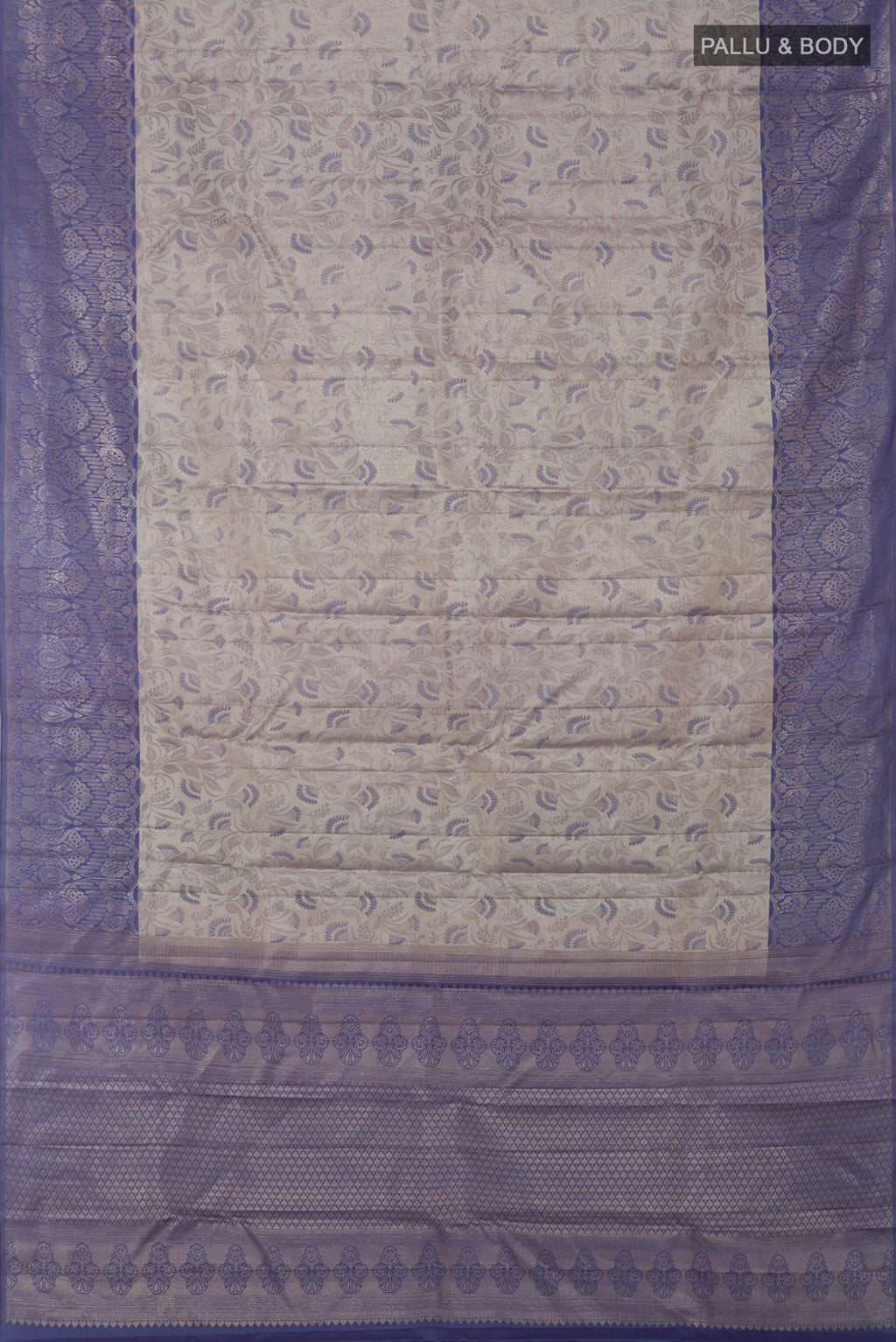 Flat view of Grey Kanchipuram Saree with Zari Brocade on the body and Fancy Border. 