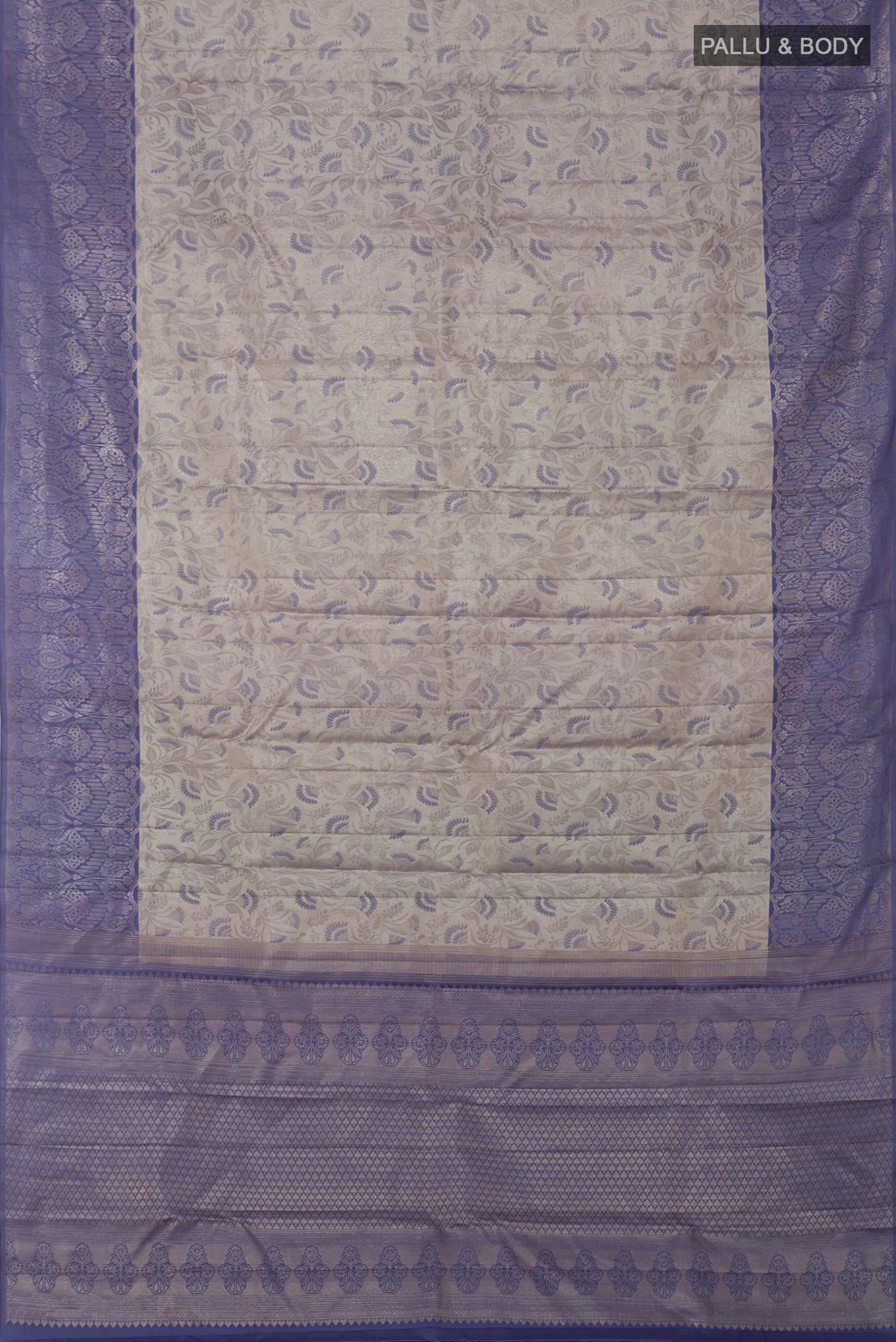 Flat view of Grey Kanchipuram Saree with Zari Brocade on the body and Fancy Border. 