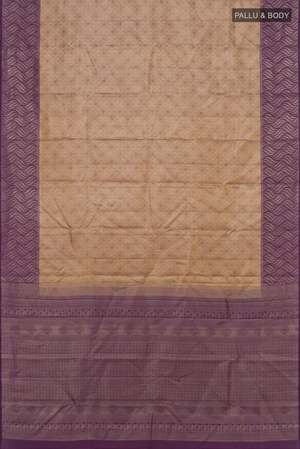 Flat view of Beige Kanchipuram Silk Saree with Zari Brocade on the body and Fancy Border. 