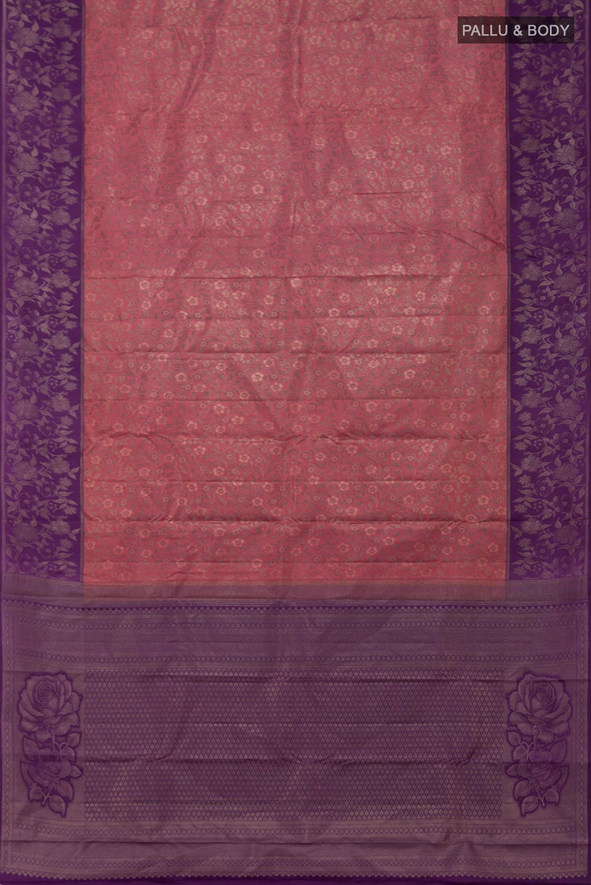 Flat view of Pink Kanchipuram Silk Saree with Zari Brocade on the body and Fancy Border. 