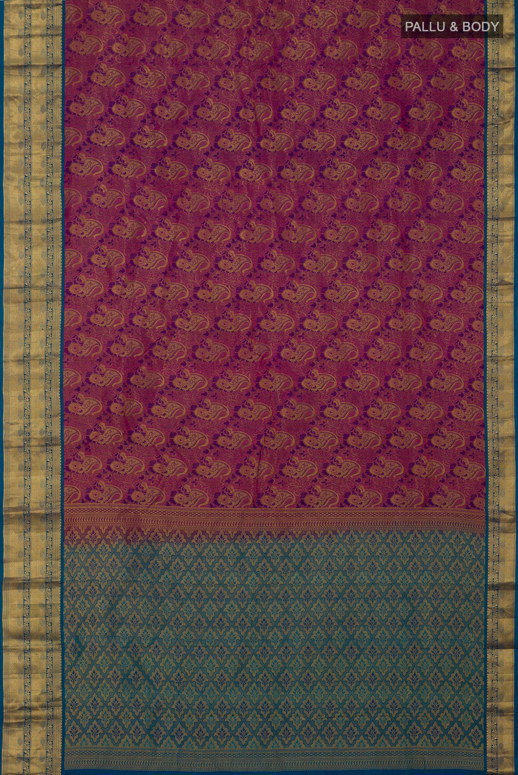 Flat view of Purple Kanchipuram Saree with Zari Brocade on the body and Zari Border. 