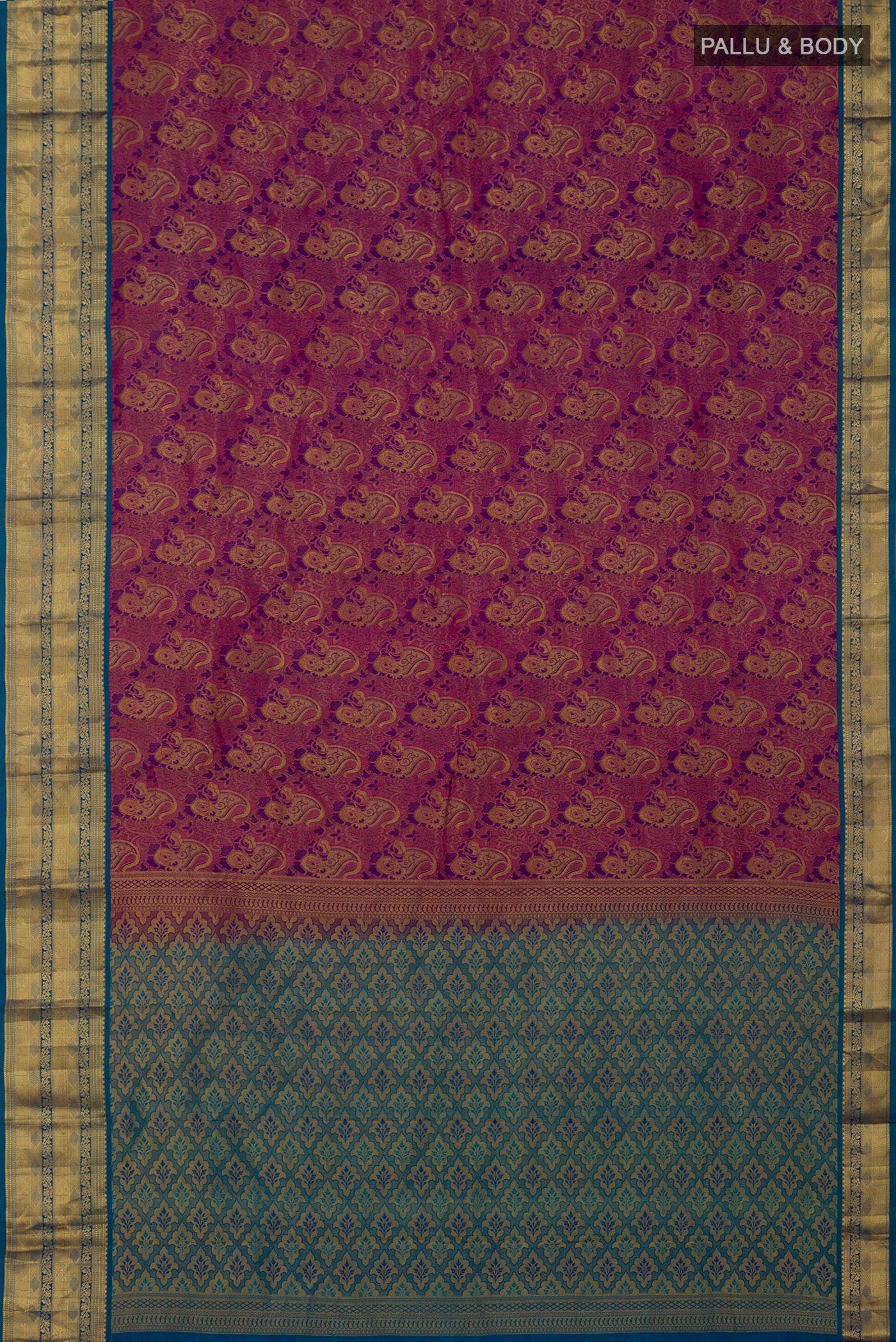 Flat view of Purple Kanchipuram Saree with Zari Brocade on the body and Zari Border. 