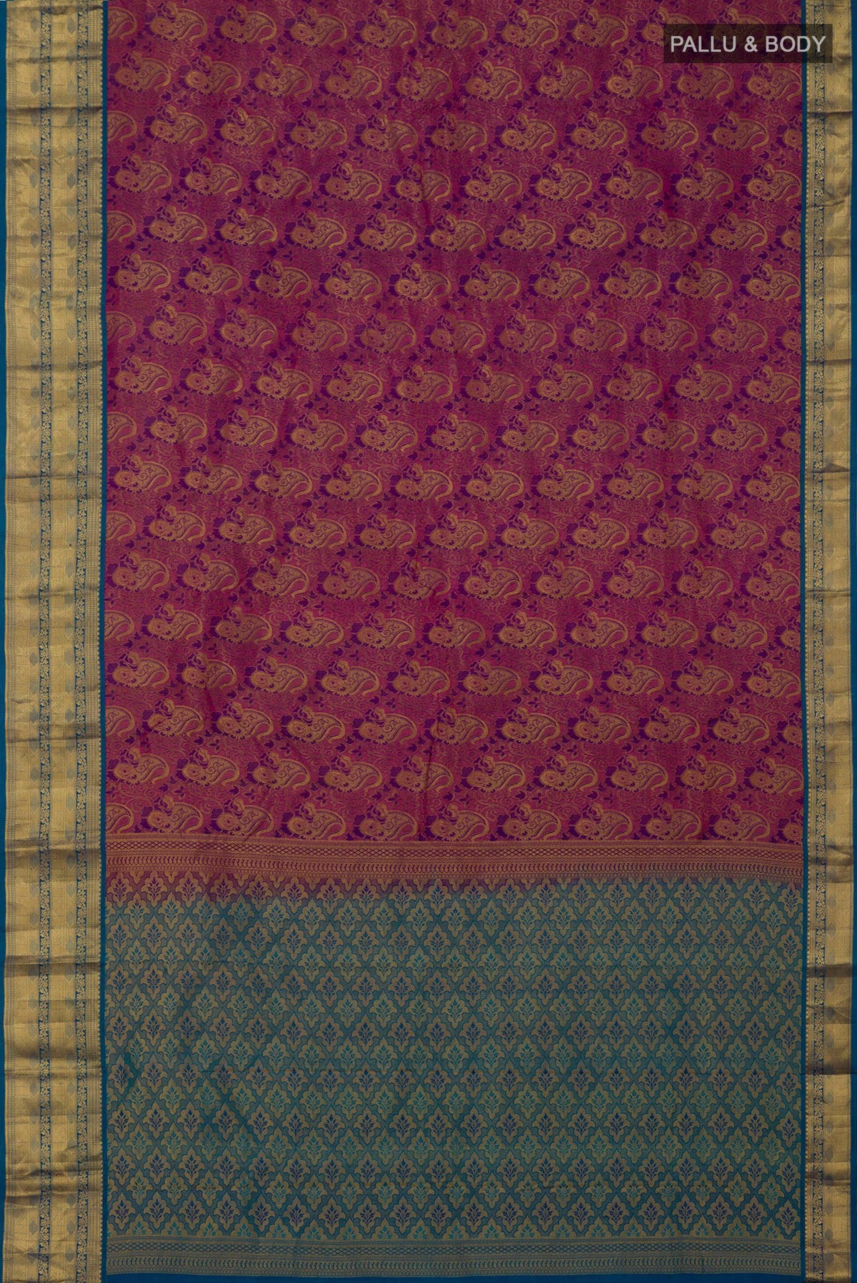 Flat view of Purple Kanchipuram Saree with Zari Brocade on the body and Zari Border. 