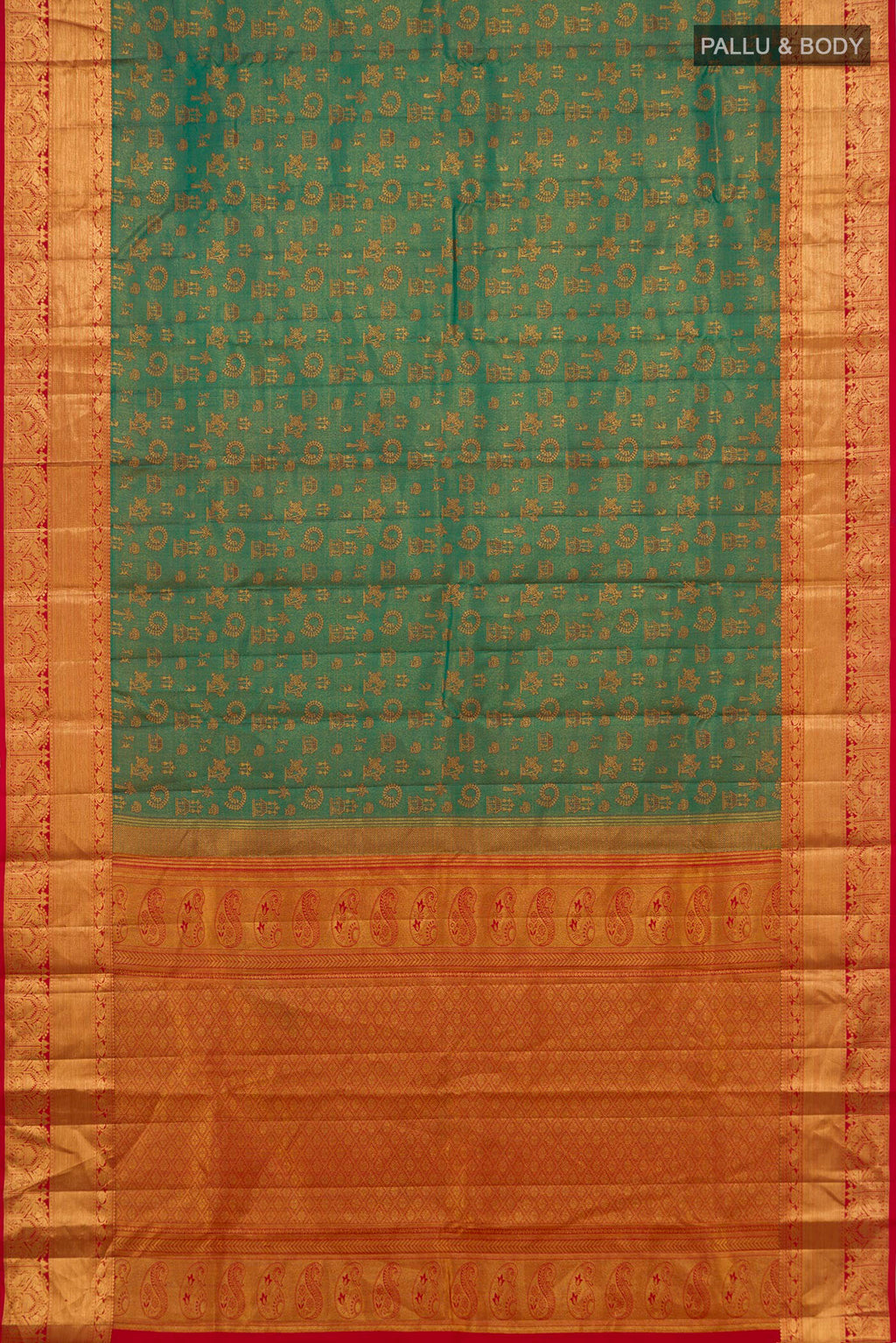 Flat view of Green Kanchipuram Silk Saree with Jacquard design on the body and Zari Border. 