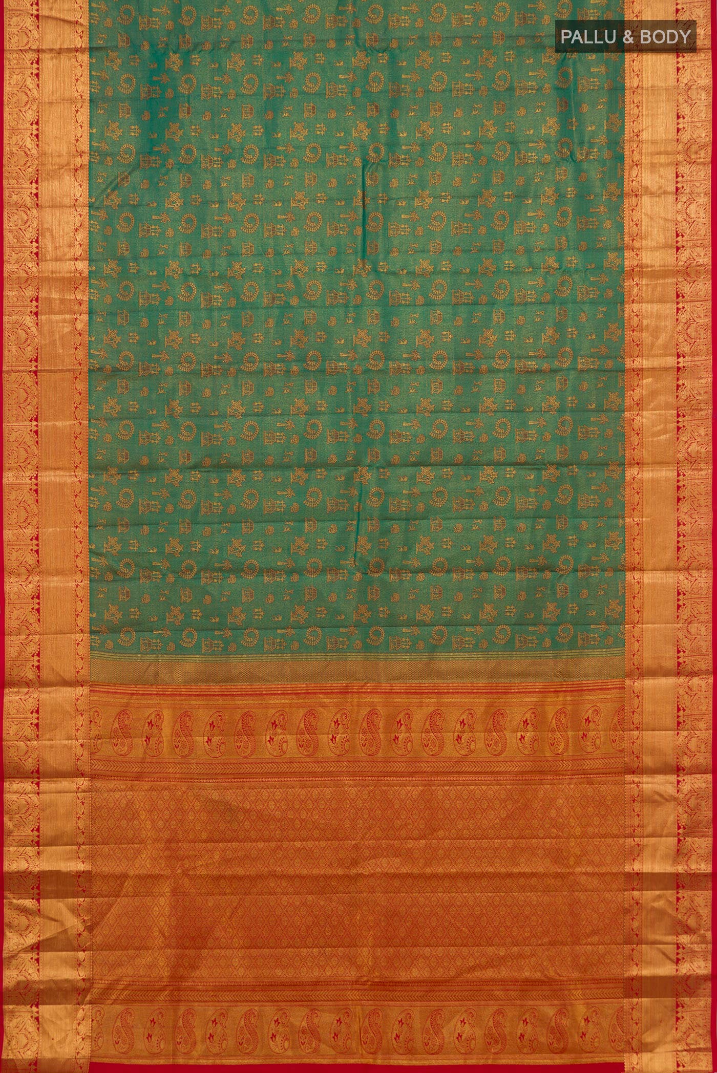Flat view of Green Kanchipuram Silk Saree with Jacquard design on the body and Zari Border. 