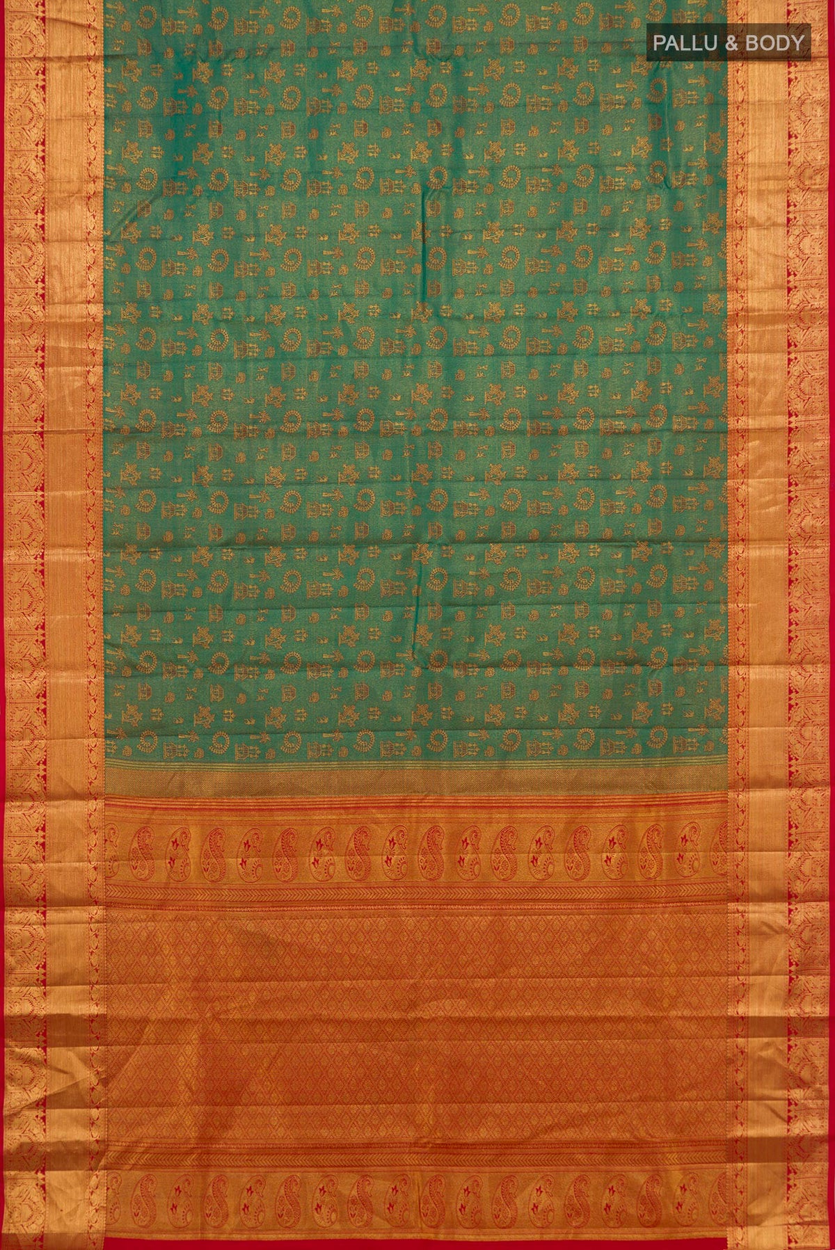 Flat view of Green Kanchipuram Silk Saree with Jacquard design on the body and Zari Border. 