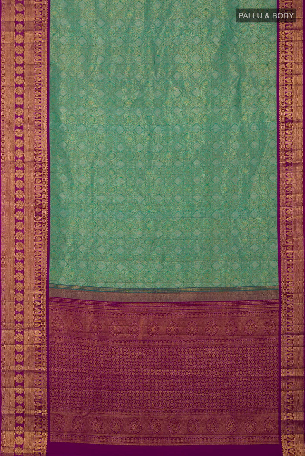 Flat view of Green Kanchipuram Silk Saree with Zari Brocade on the body and Zari Border. 