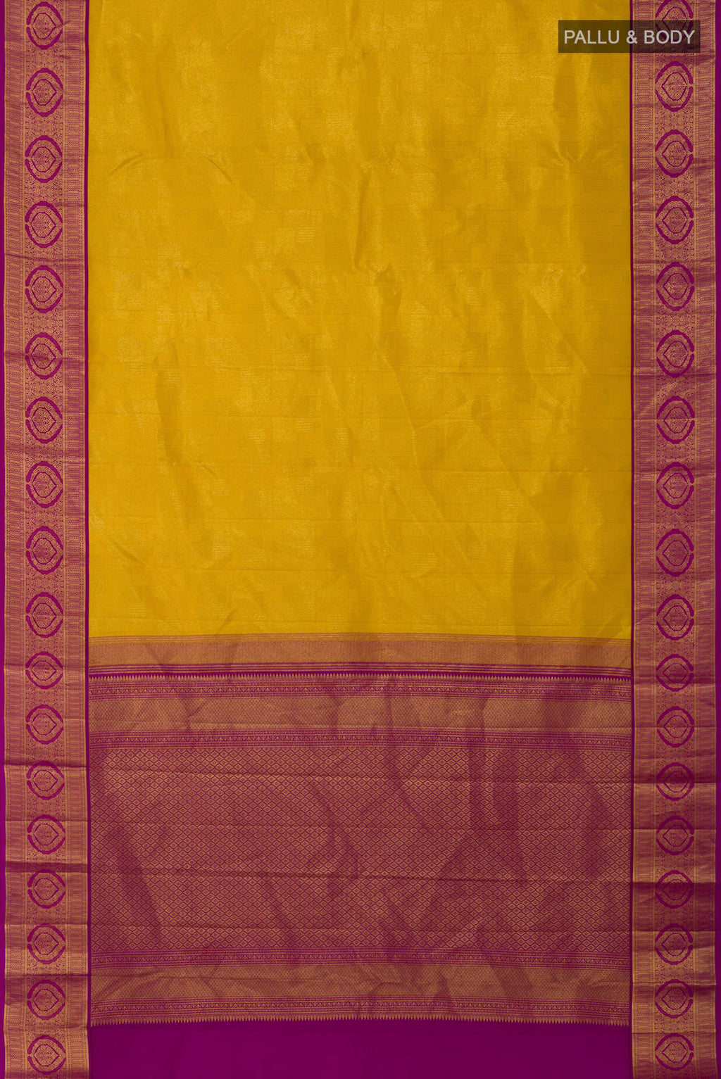 Flat view of Yellow Kanchipuram Silk Saree with Zari Brocade on the body and Zari Border. 