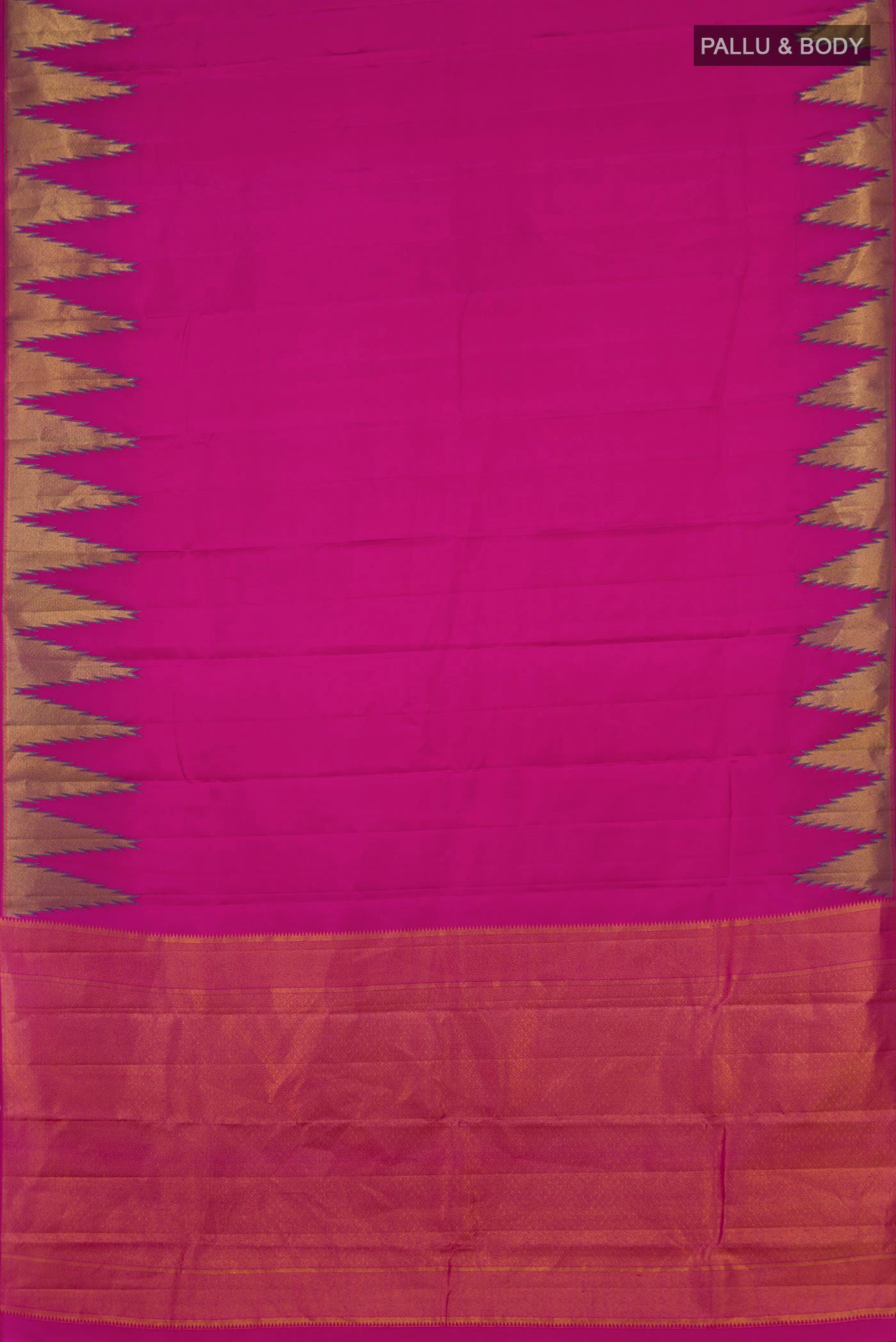 Flat view of Rani Pink Kanchipuram Silk Saree with Plain Body and Temple Border. 