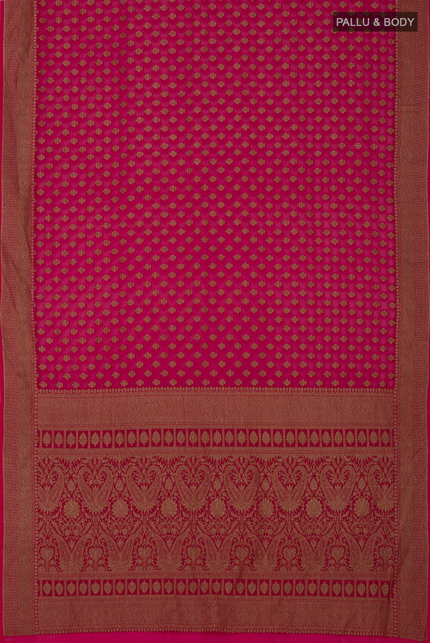 Flat view of Pink Georgette Saree with Fancy on the body and Fancy Border. 
