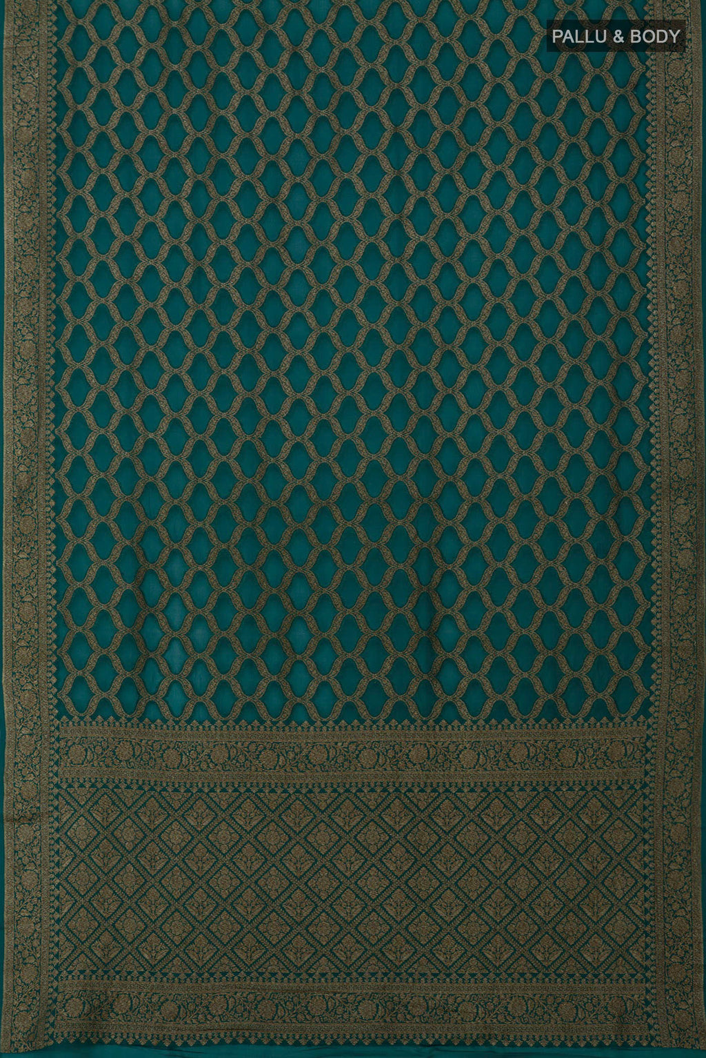 Flat view of Green Georgette Saree with Fancy on the body and Zari Border. 