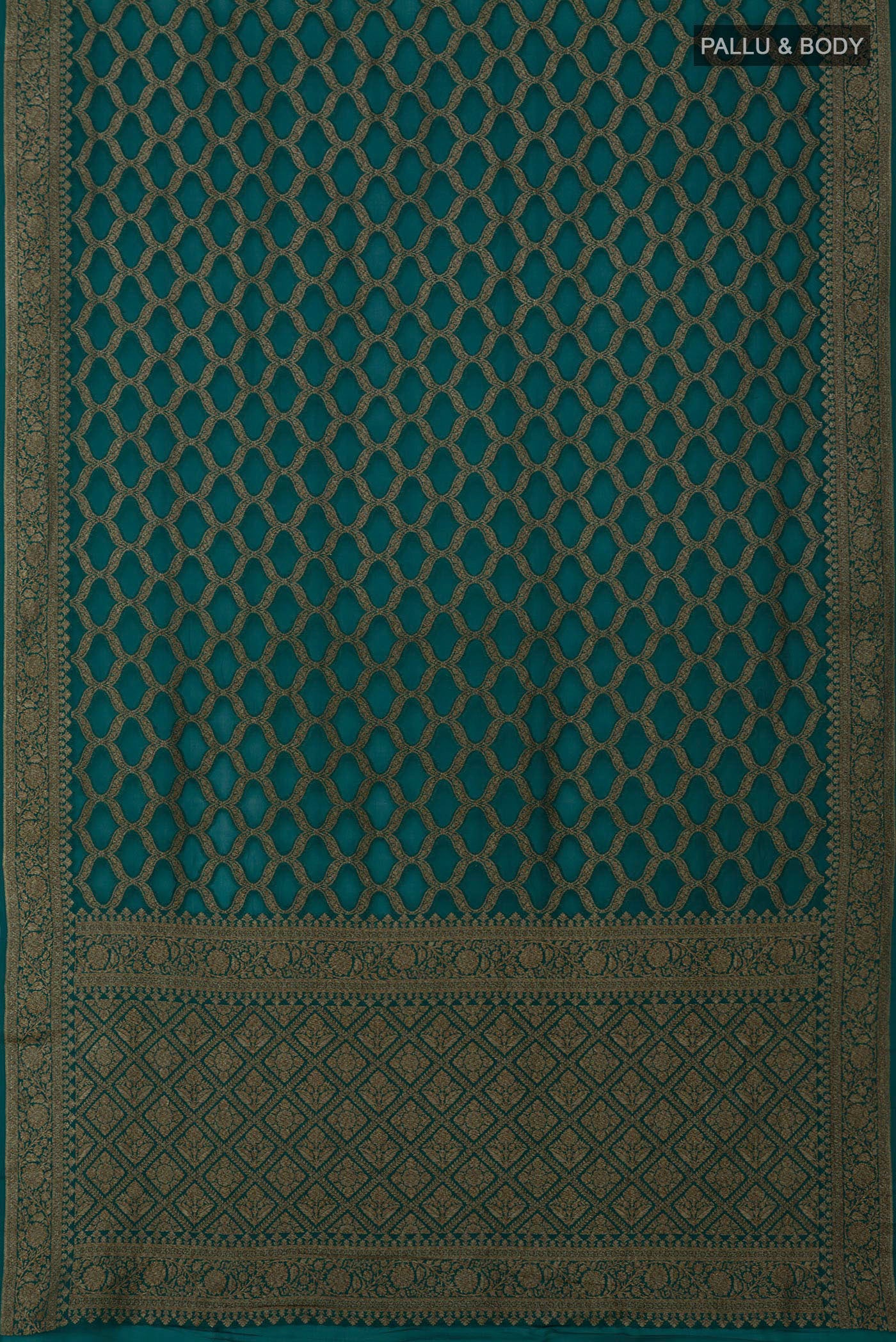 Flat view of Green Georgette Saree with Fancy on the body and Zari Border. 