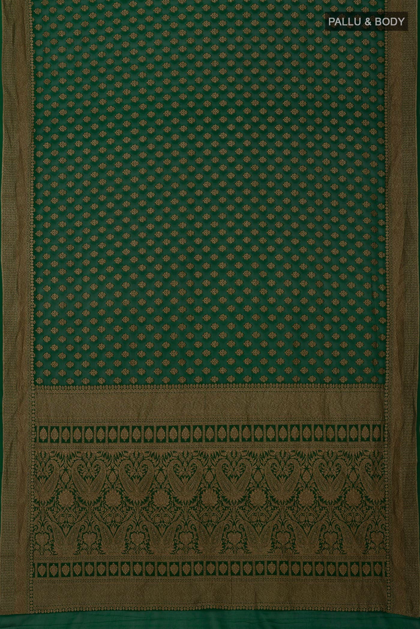 Flat view of Green Georgette Saree with Fancy on the body and Fancy Border. 