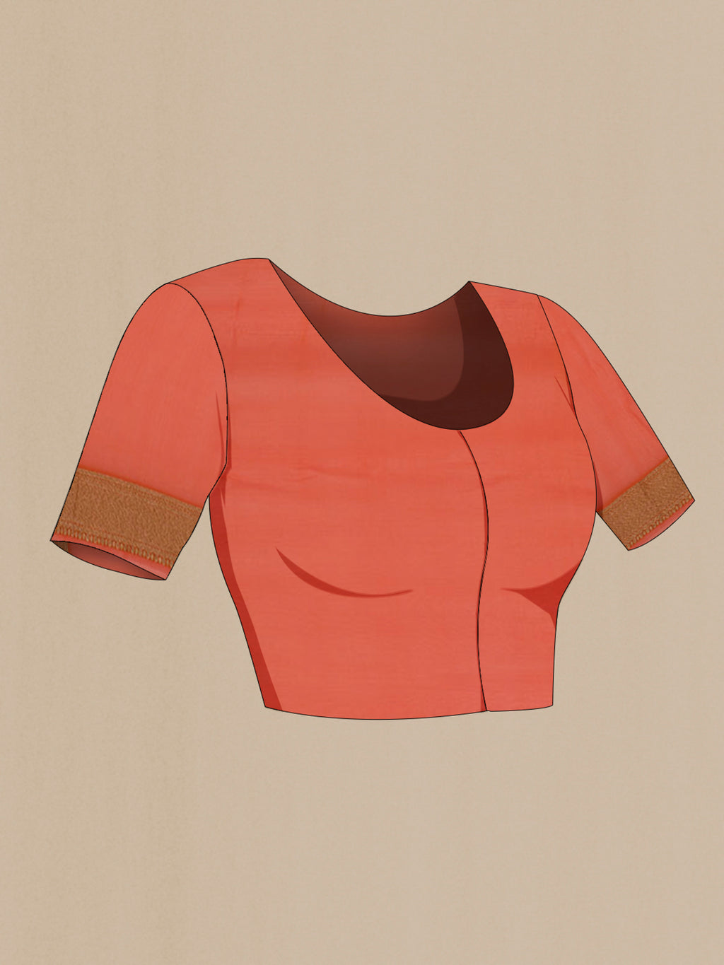 Close up image of the blouse of Orange Banarasi Georgette Saree with Zari Butta on the body and Zari Border. 
