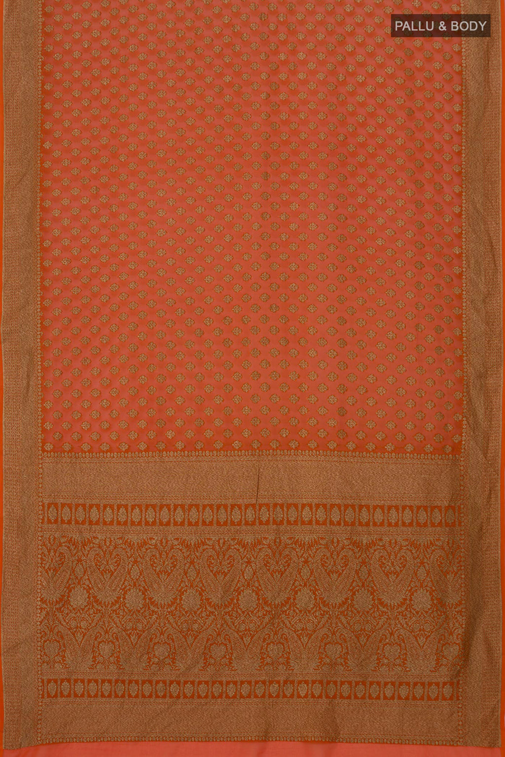 Flat view of Orange Banarasi Georgette Saree with Zari Butta on the body and Zari Border. 