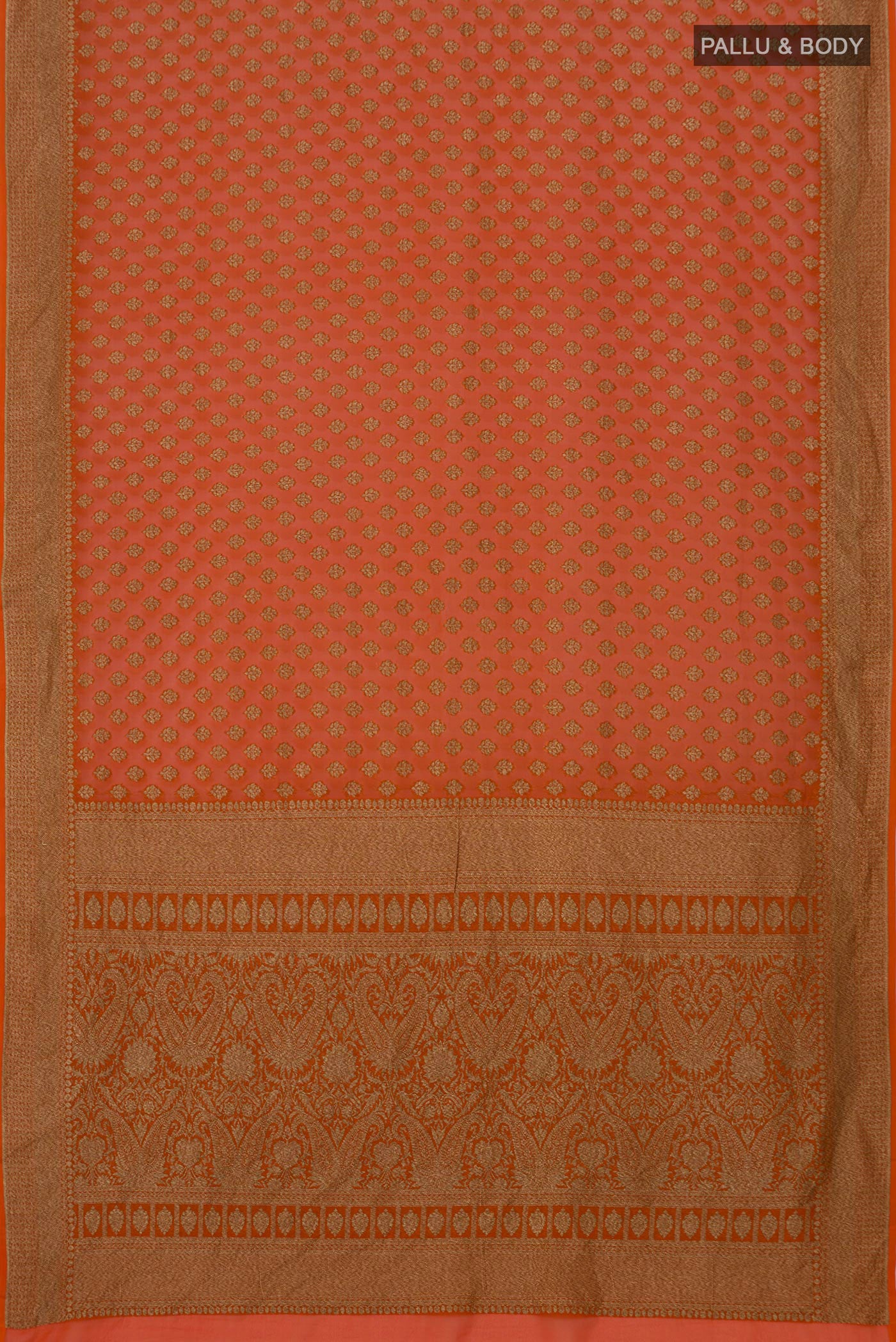 Flat view of Orange Banarasi Georgette Saree with Zari Butta on the body and Zari Border. 