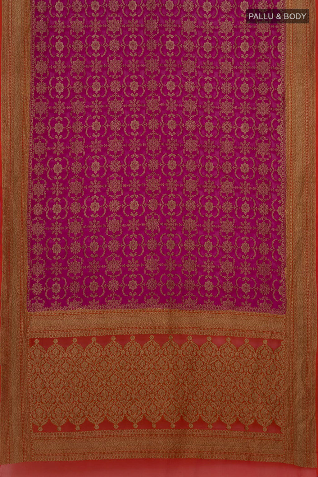 Flat view of Magenta Banarasi Georgette Saree with Zari Brocade on the body and Zari Border. 