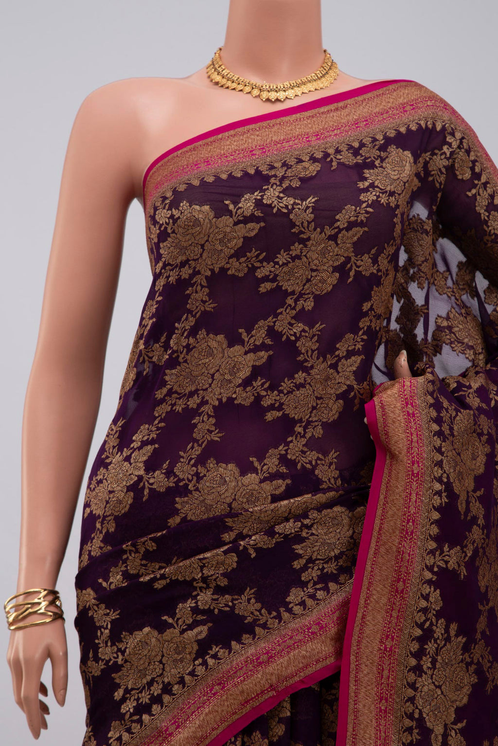 Border image of Purple Georgette Saree with Fancy on the body and Zari Border. 