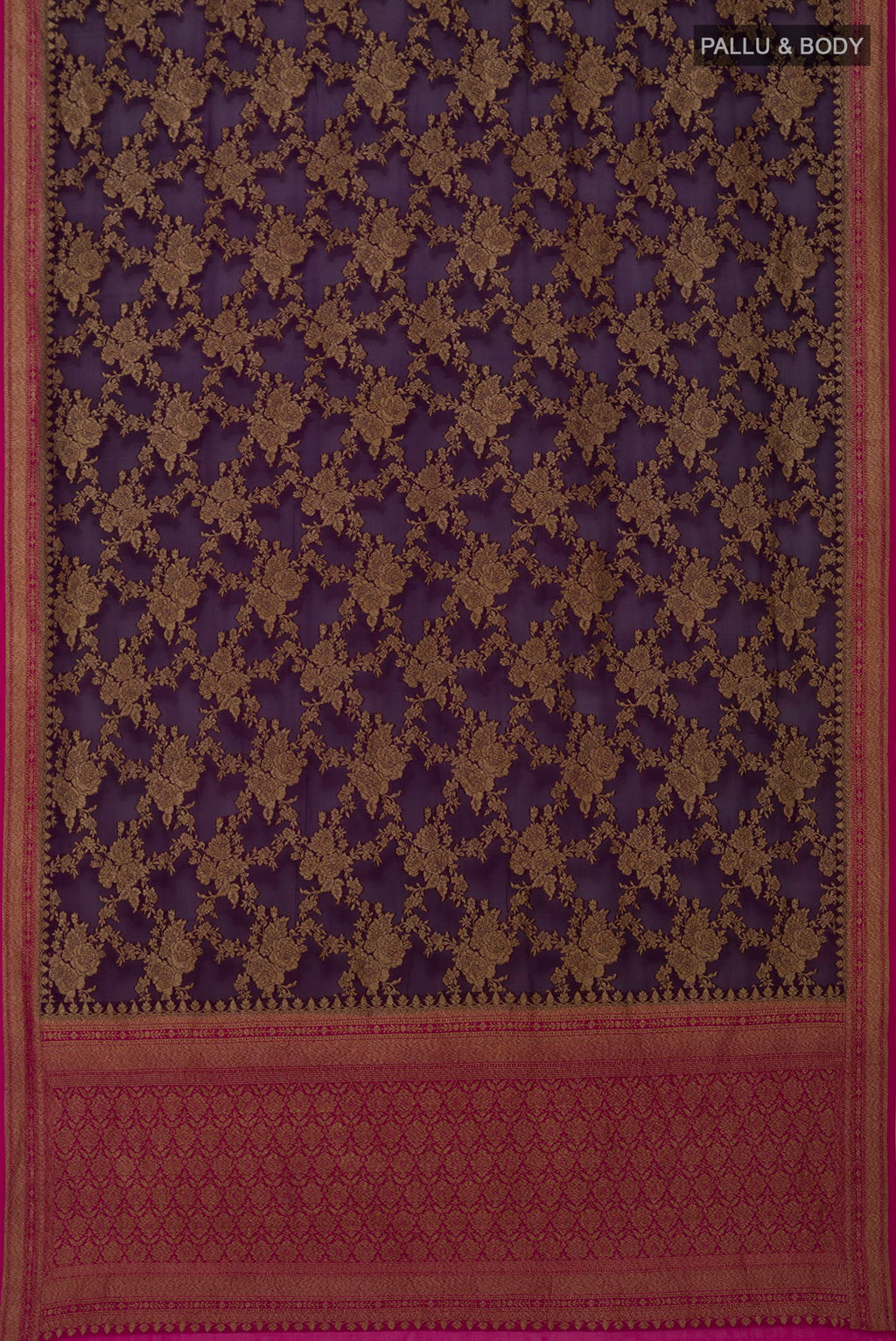 Flat view of Purple Georgette Saree with Fancy on the body and Zari Border. 
