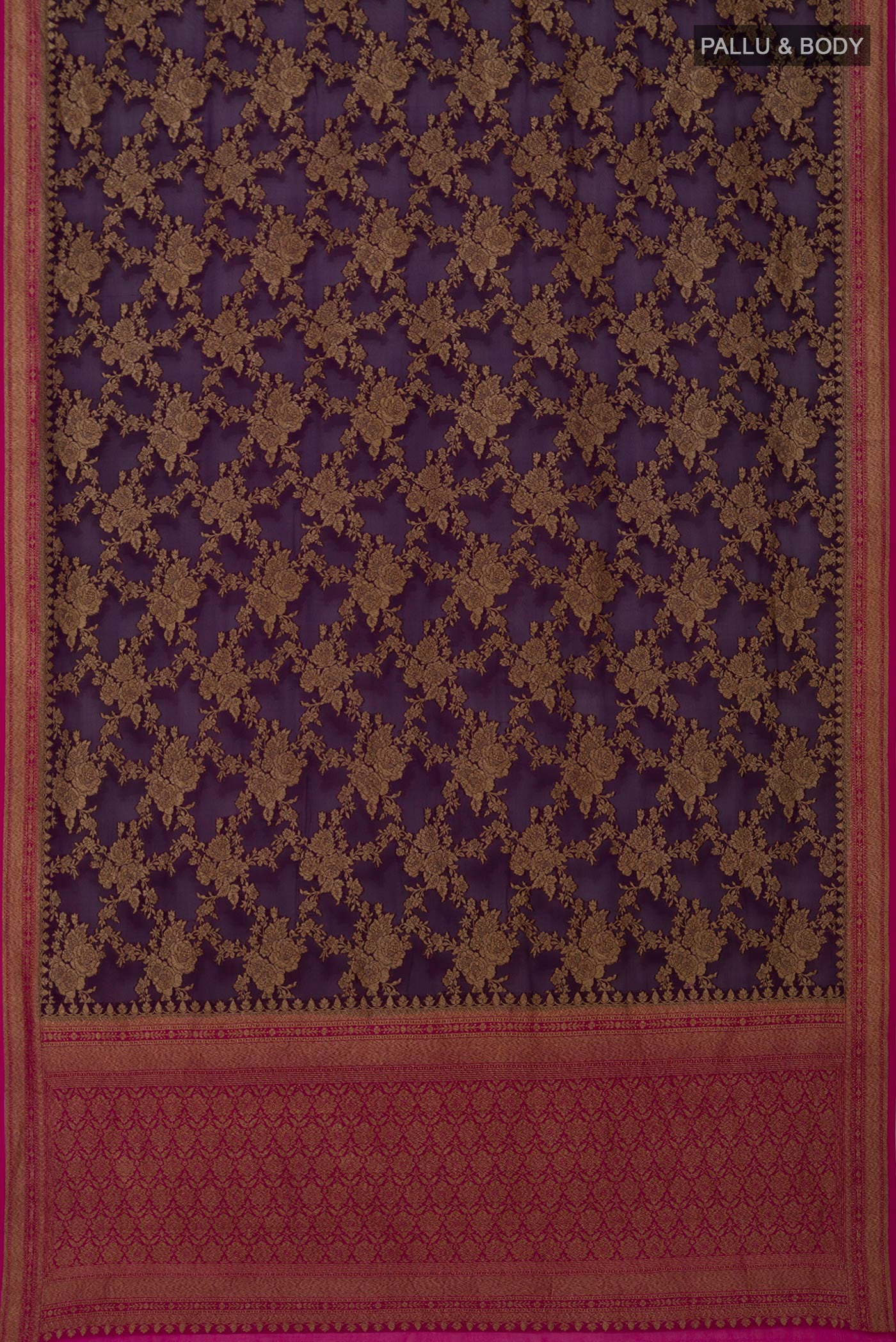 Flat view of Purple Georgette Saree with Fancy on the body and Zari Border. 