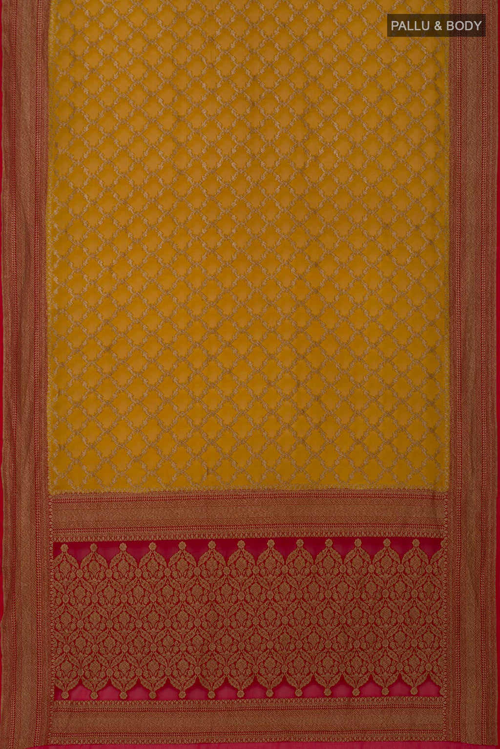 Flat view of Yellow Georgette Saree with Fancy on the body and Zari Border. 