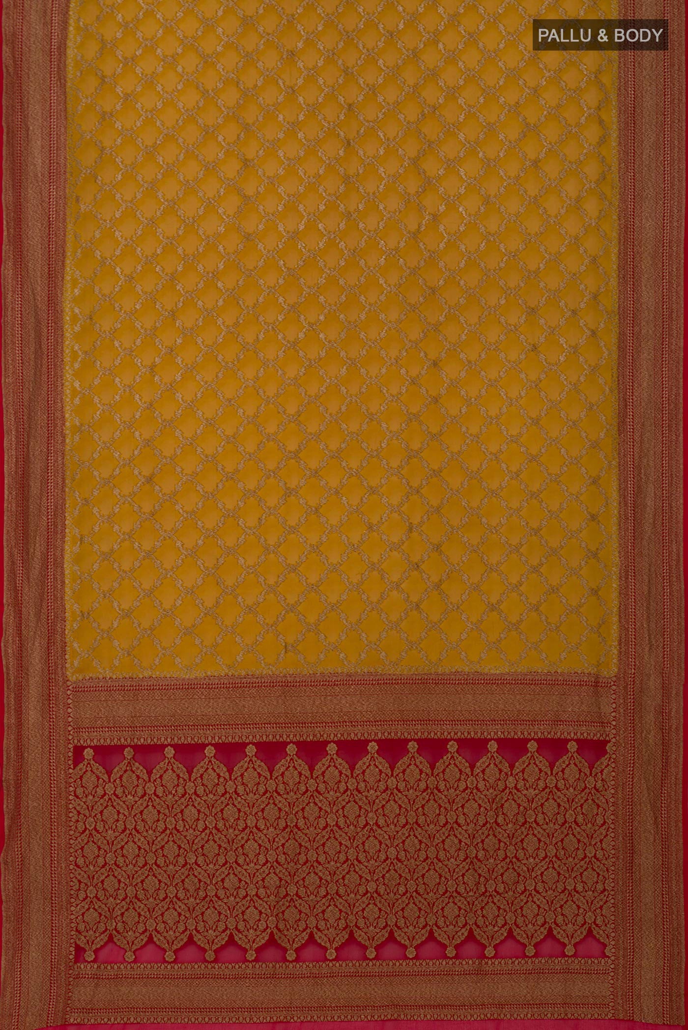 Flat view of Yellow Georgette Saree with Fancy on the body and Zari Border. 