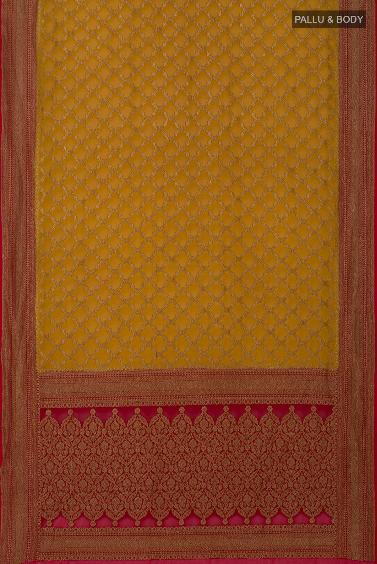 Flat view of Yellow Georgette Saree with Fancy on the body and Zari Border. 