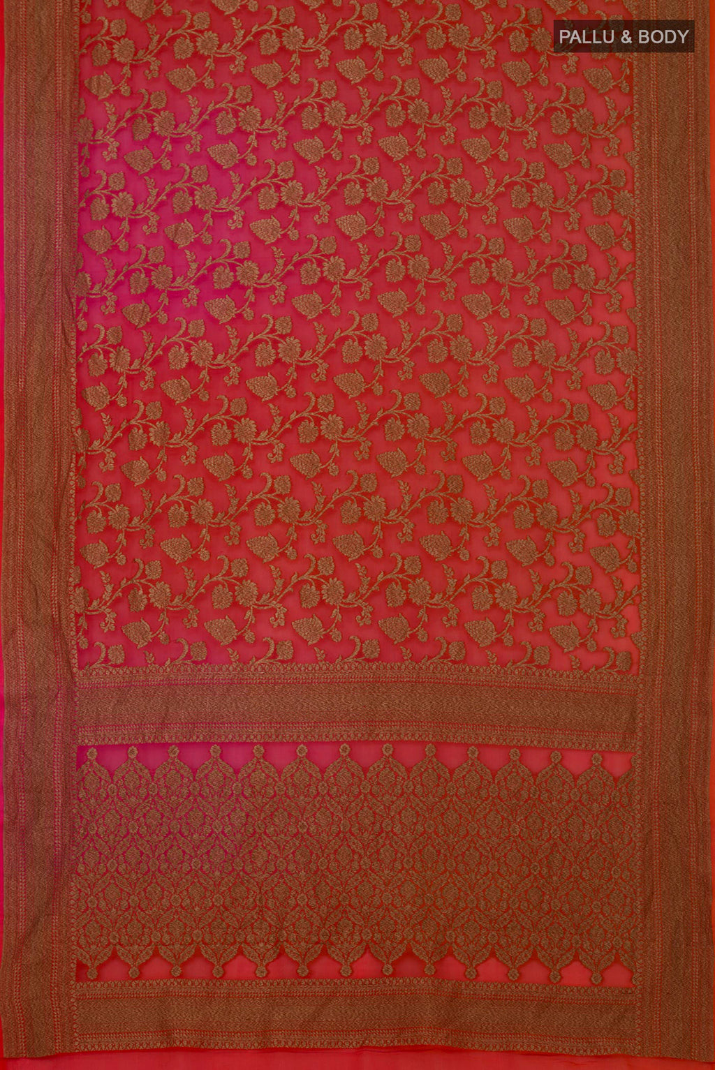 Flat view of Orange Georgette Saree with Fancy on the body and Fancy Border. 
