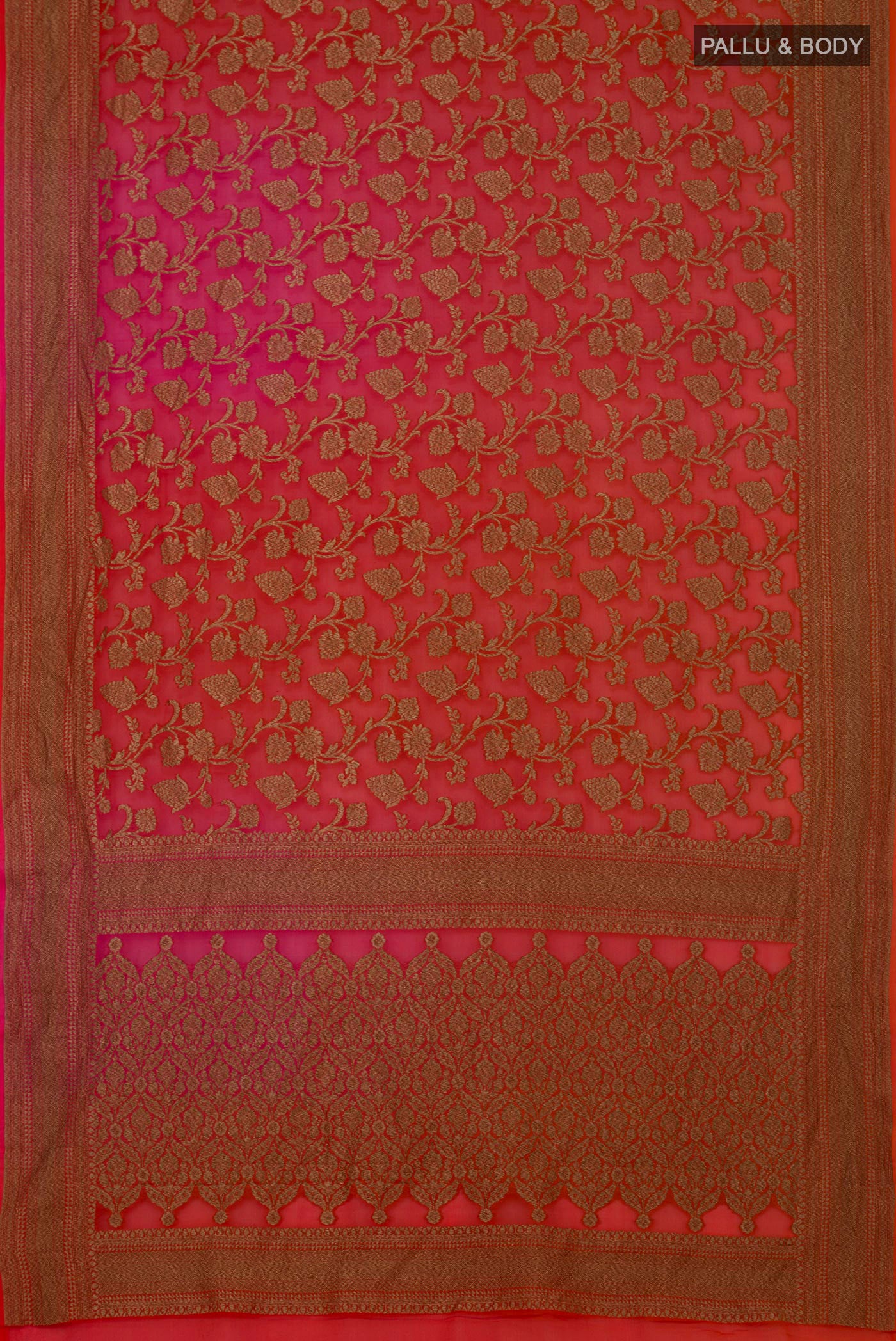 Flat view of Orange Georgette Saree with Fancy on the body and Fancy Border. 