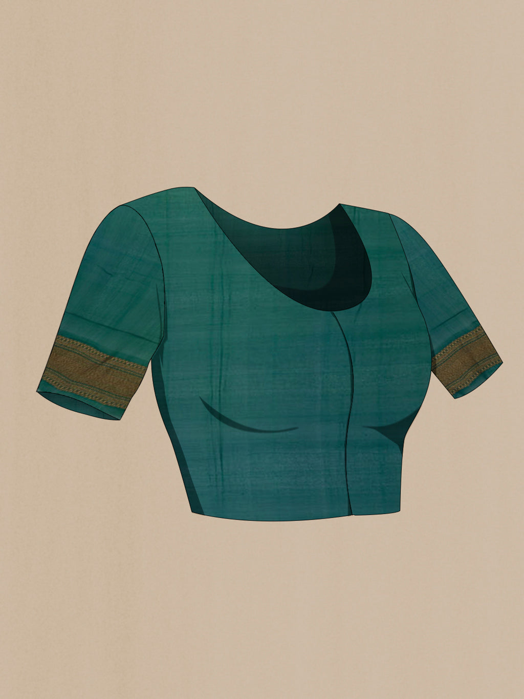Close up image of the blouse of Green Georgette Saree with Fancy on the body and Zari Border. 