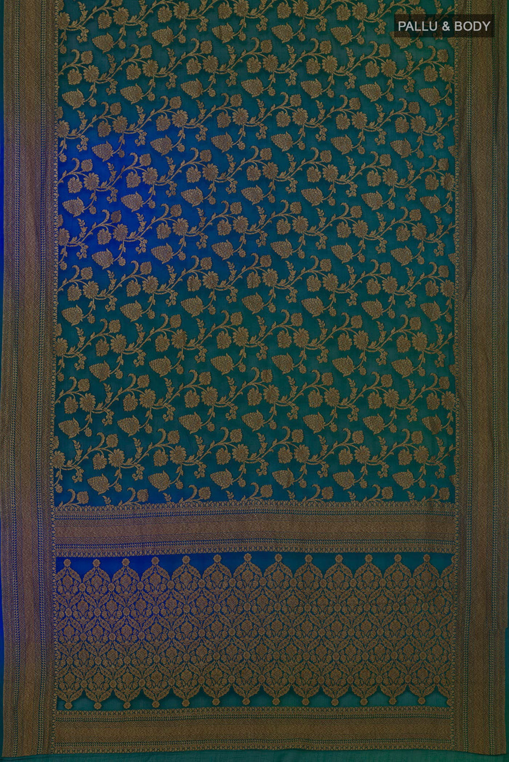 Flat view of Green Georgette Saree with Fancy on the body and Zari Border. 
