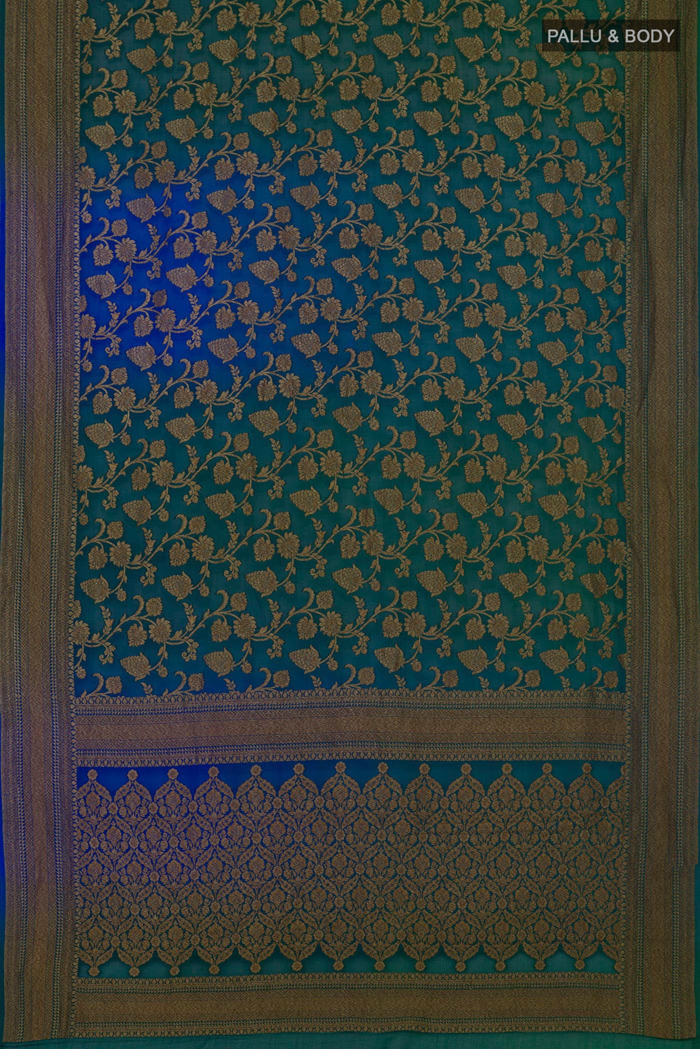 Flat view of Green Georgette Saree with Fancy on the body and Zari Border. 