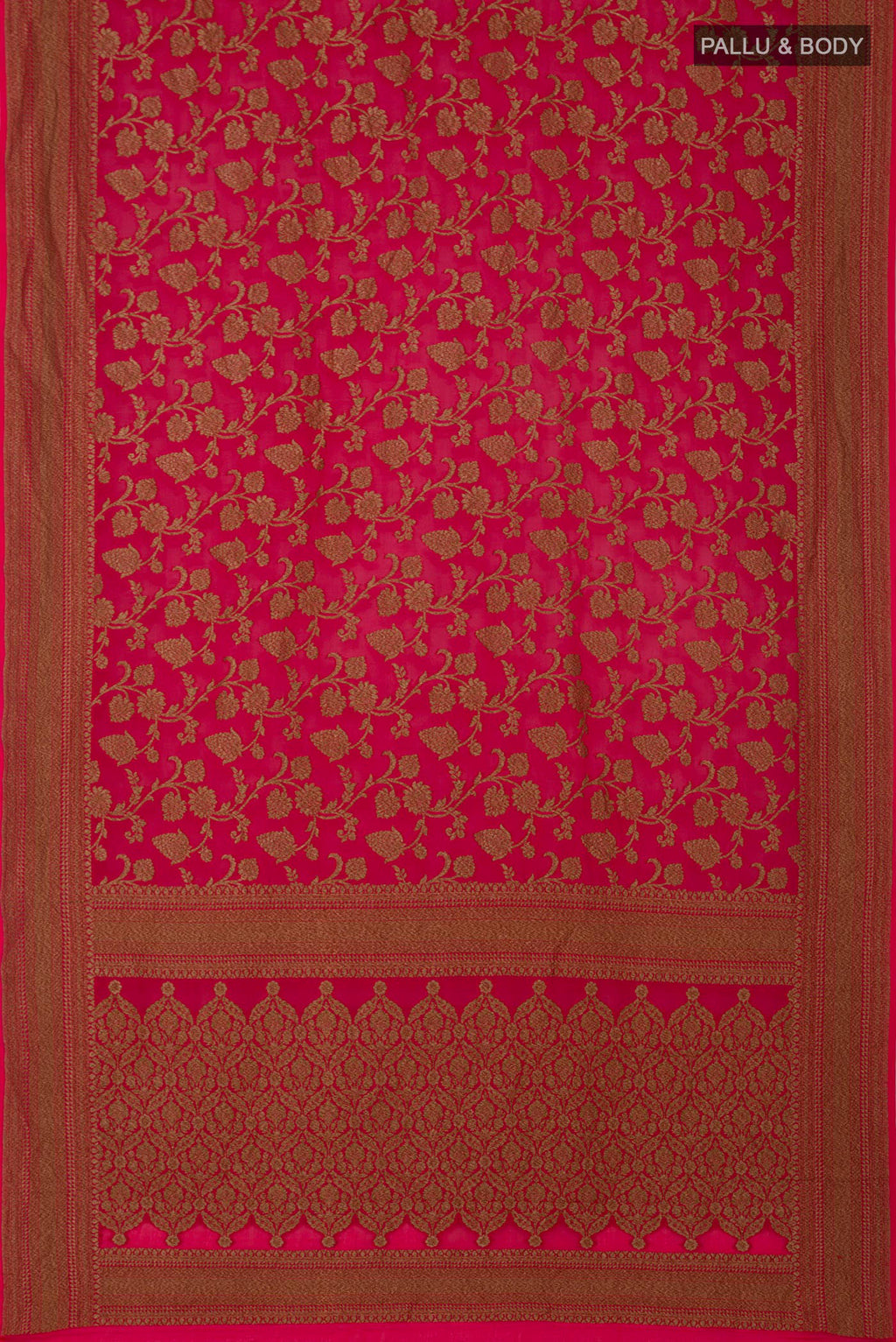 Flat view of Pink Georgette Saree with Fancy on the body and Zari Border. 