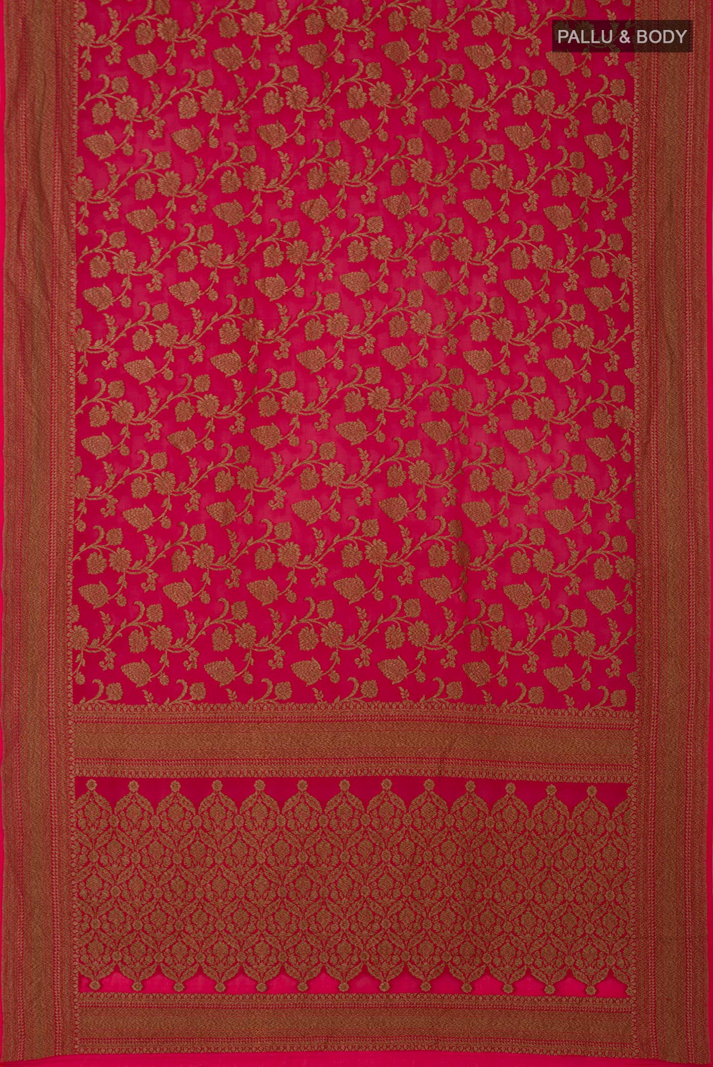 Flat view of Pink Georgette Saree with Fancy on the body and Zari Border. 