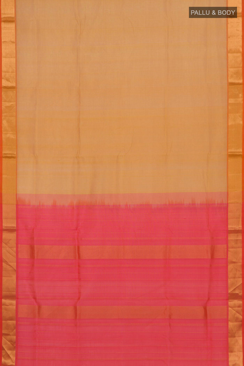 Flat view of Yellow Silk Cotton Saree with Plain Body and Zari Border. 