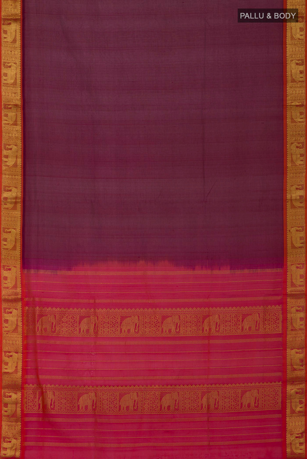 Flat view of Maroon Silk Cotton Saree with Plain Body and Zari Border. 