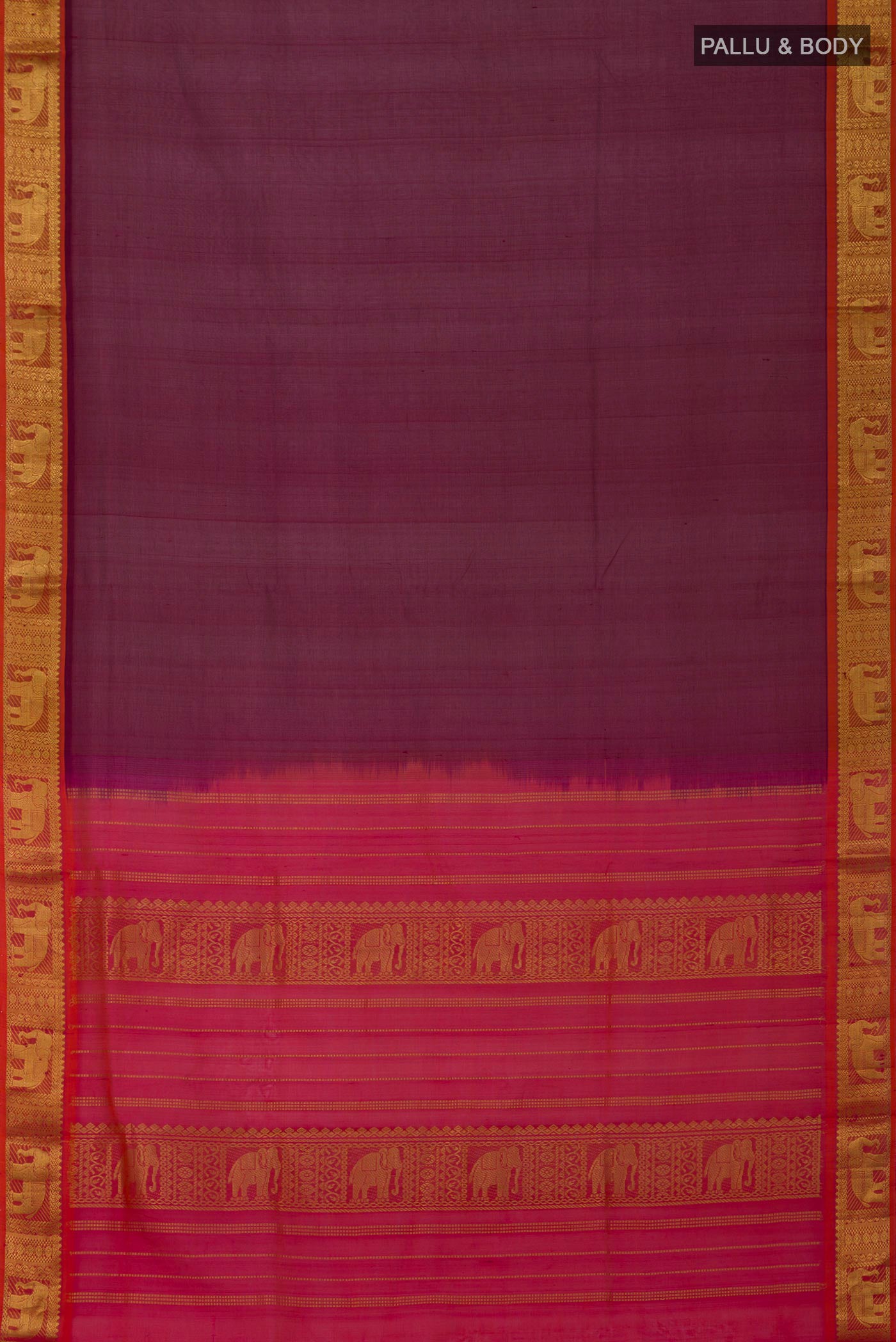 Flat view of Maroon Silk Cotton Saree with Plain Body and Zari Border. 