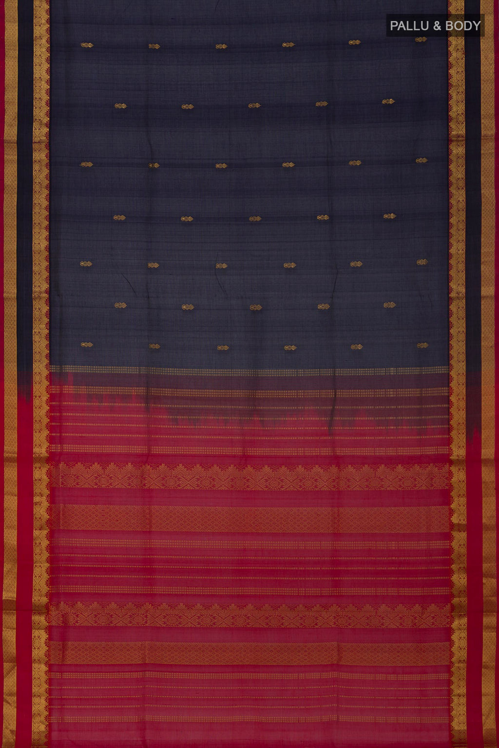 Flat view of Navy Blue Silk Cotton Saree with Zari Butta on the body and Zari Border. 